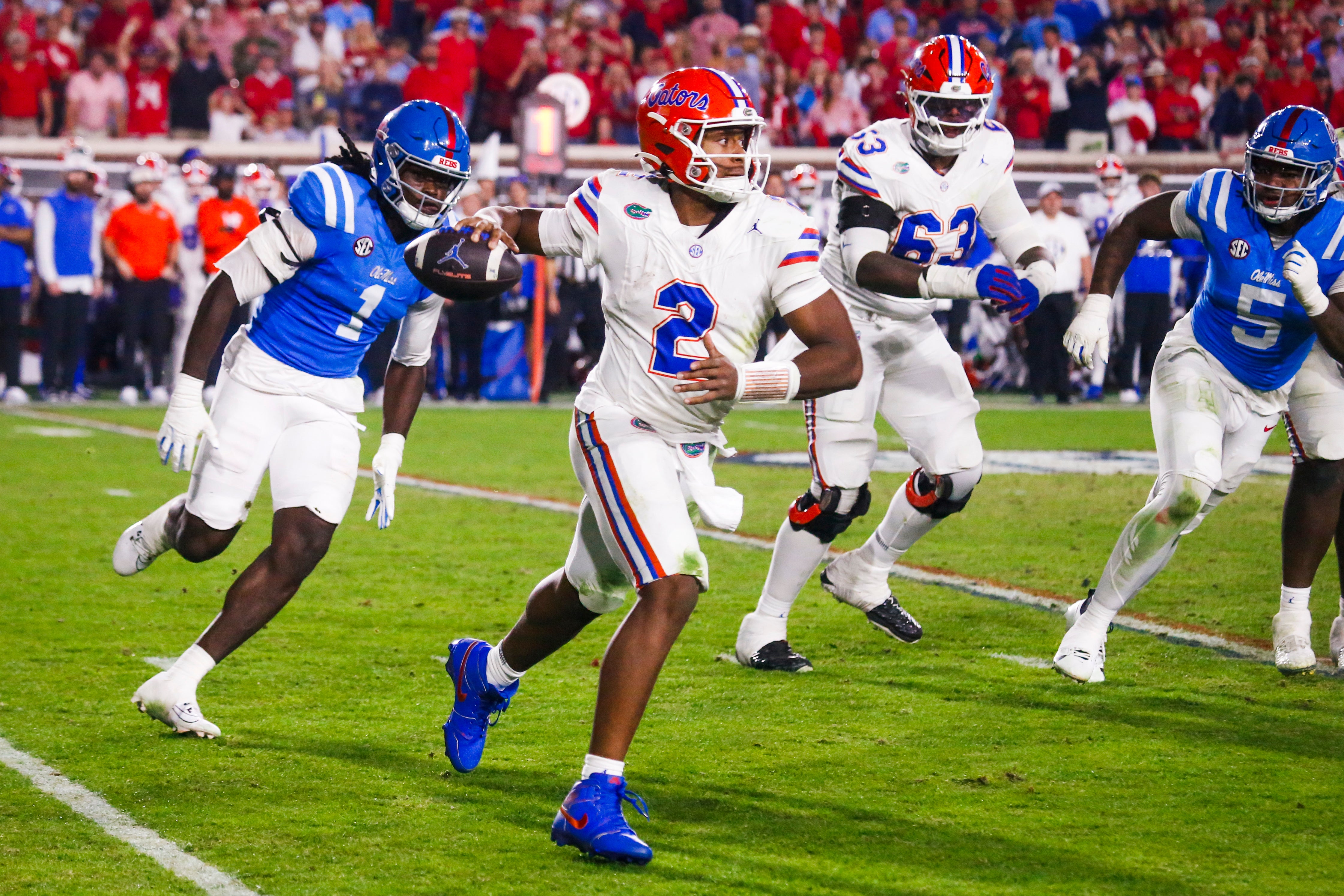 Nov 15, 2025; Oxford, Mississippi, USA; Florida Gators quarterback DJ Lagway (2) passes against the Mississippi Rebels during the second half at Vaught-Hemingway Stadium.