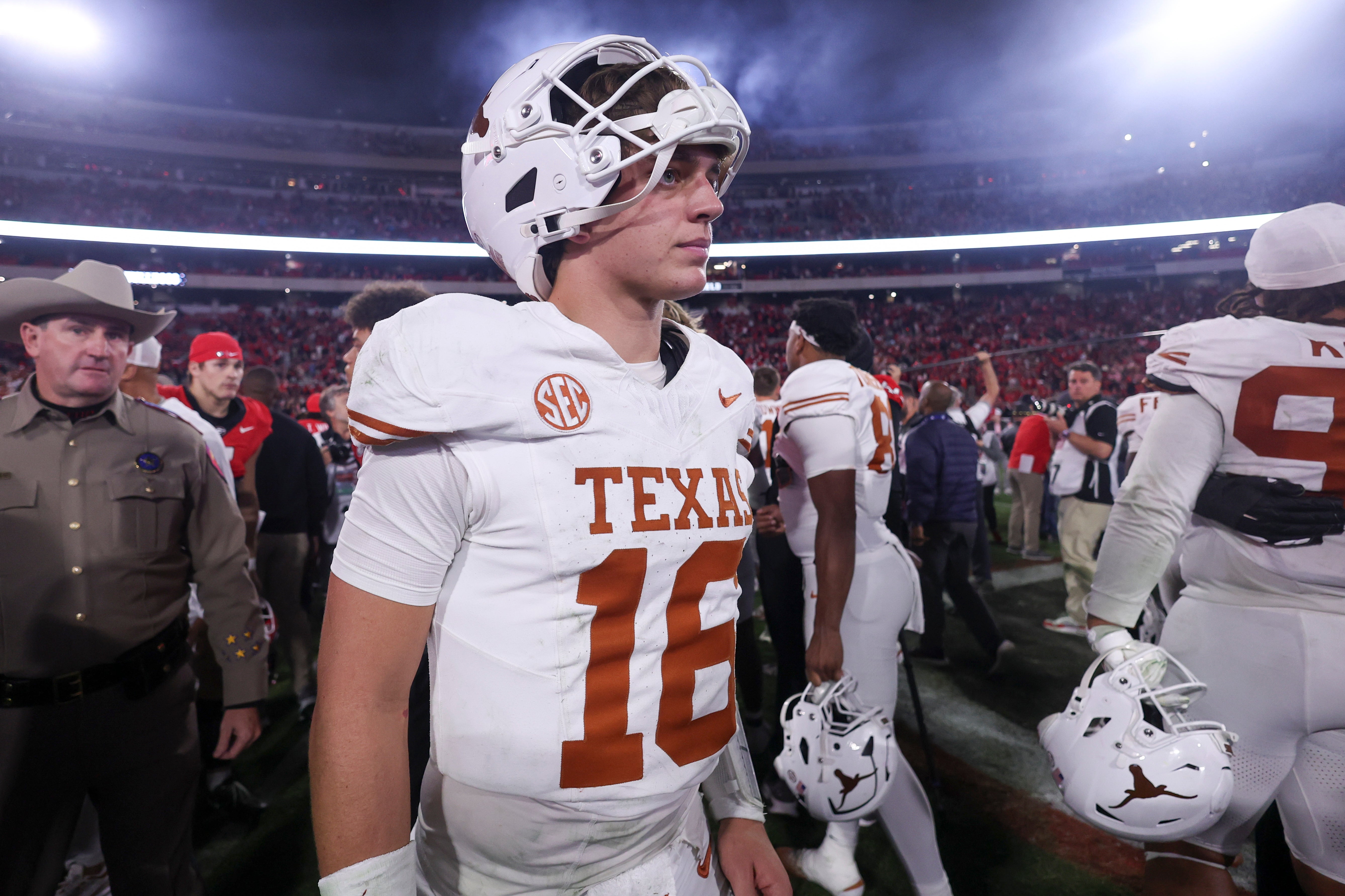 Nov 15, 2025; Athens, Georgia, USA; Texas Longhorns quarterback Arch Manning (16) looks on after a game against the Georgia Bulldogs at Sanford Stadium. Mandatory Credit: Brett Davis-Imagn Images