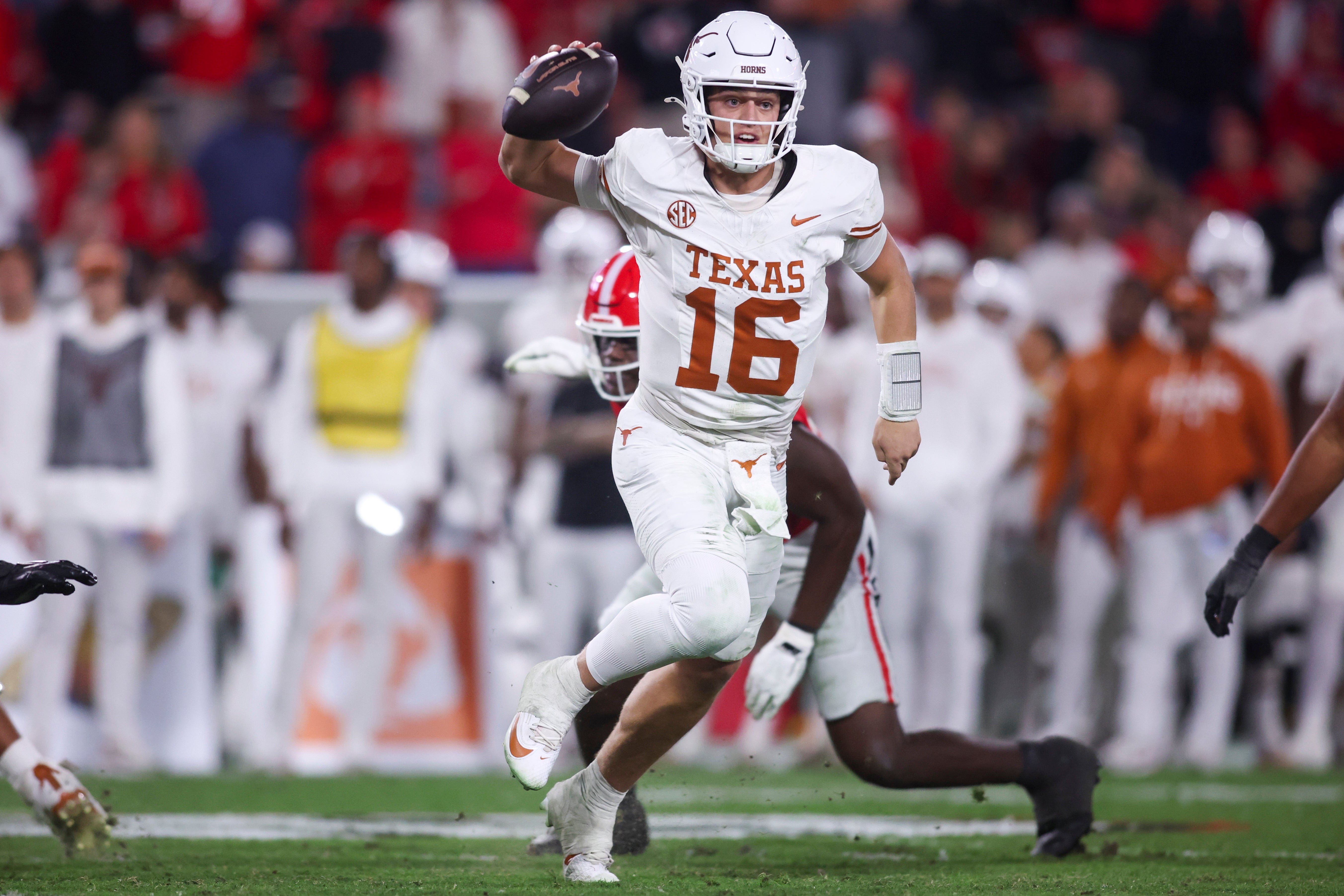 Nov 15, 2025; Athens, Georgia, USA; Texas Longhorns quarterback Arch Manning (16) throws a pass during the second half against the Georgia Bulldogs at Sanford Stadium. Mandatory Credit: Brett Davis-Imagn Images