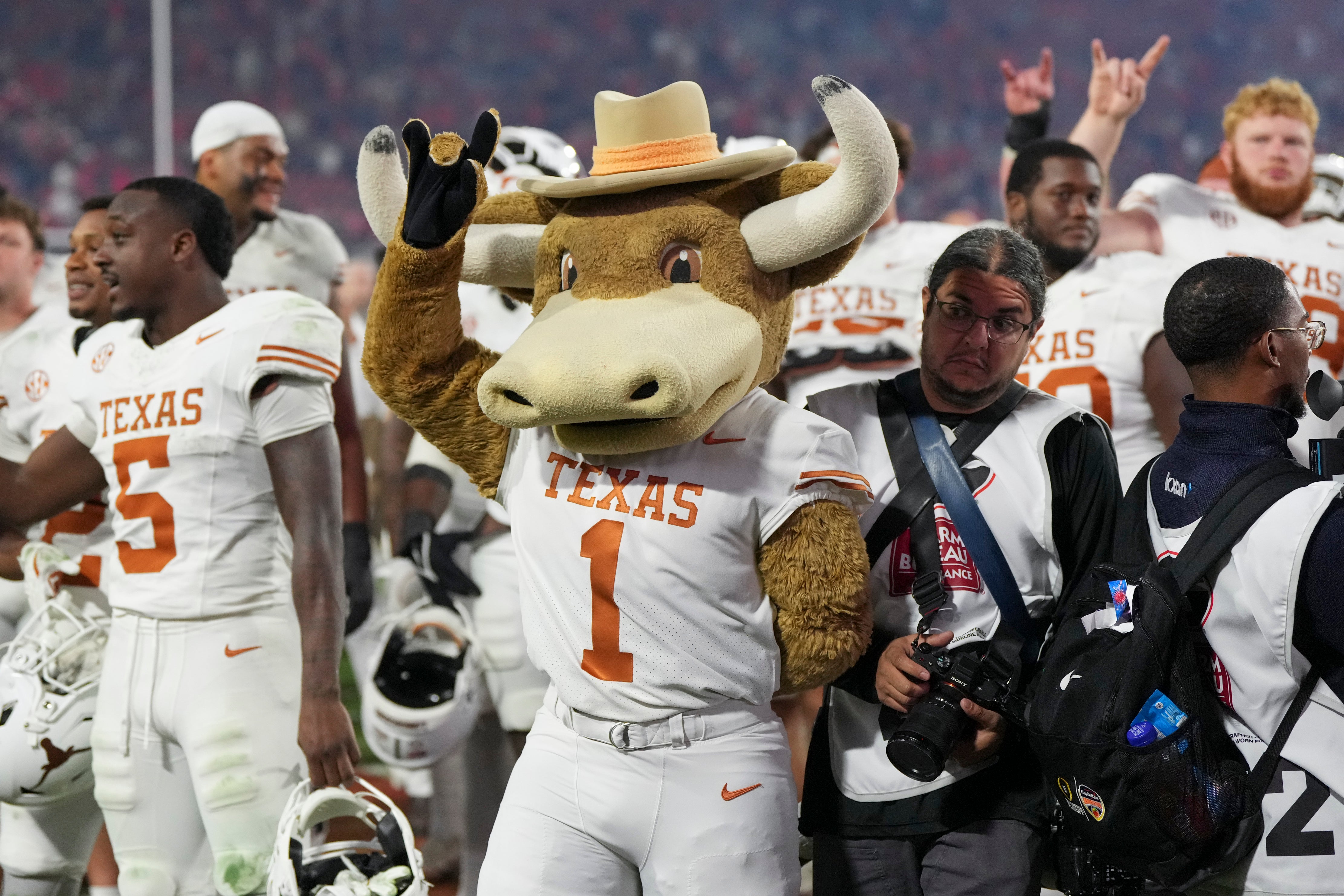 Nov 15, 2025; Athens, Georgia, USA; Texas Longhorns mascot Bevo gestures after the game against the Georgia Bulldogs at Sanford Stadium. Mandatory Credit: Dale Zanine-Imagn Images
