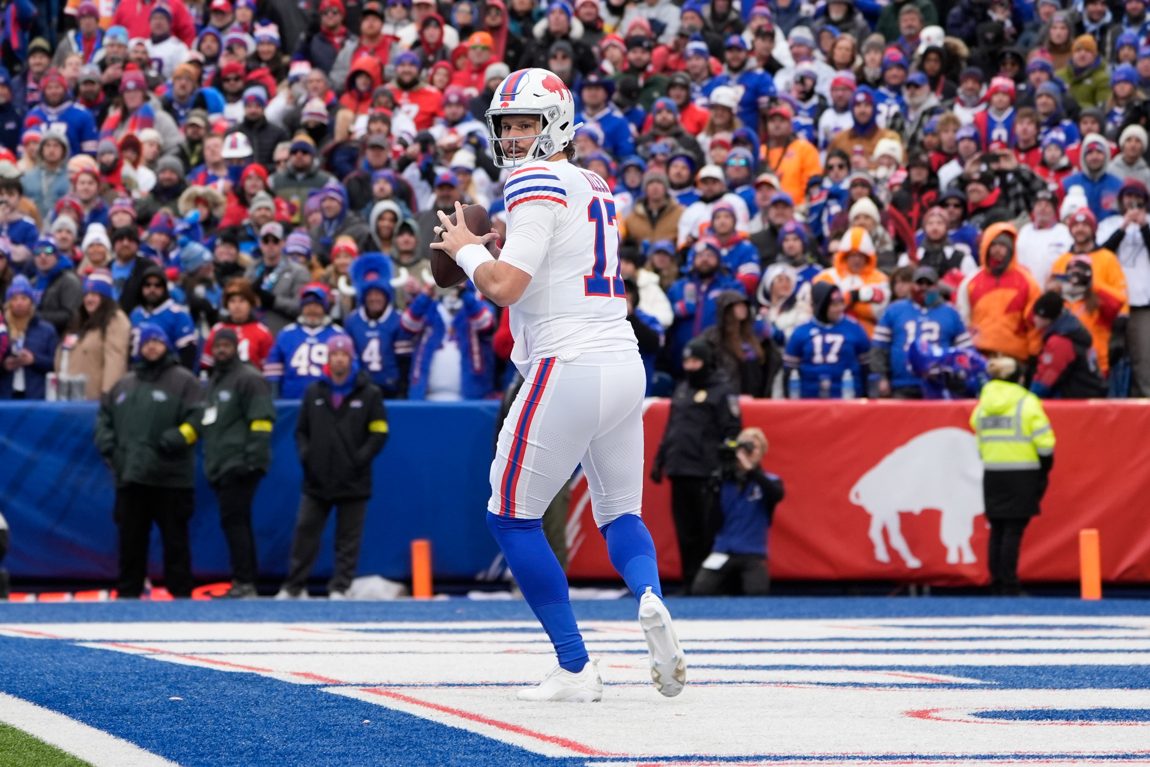 Nov 16, 2025; Orchard Park, New York, USA; Buffalo Bills quarterback Josh Allen (17) looks to pass against the Tampa Bay Buccaneers during the first quarter of the game at Highmark Stadium.