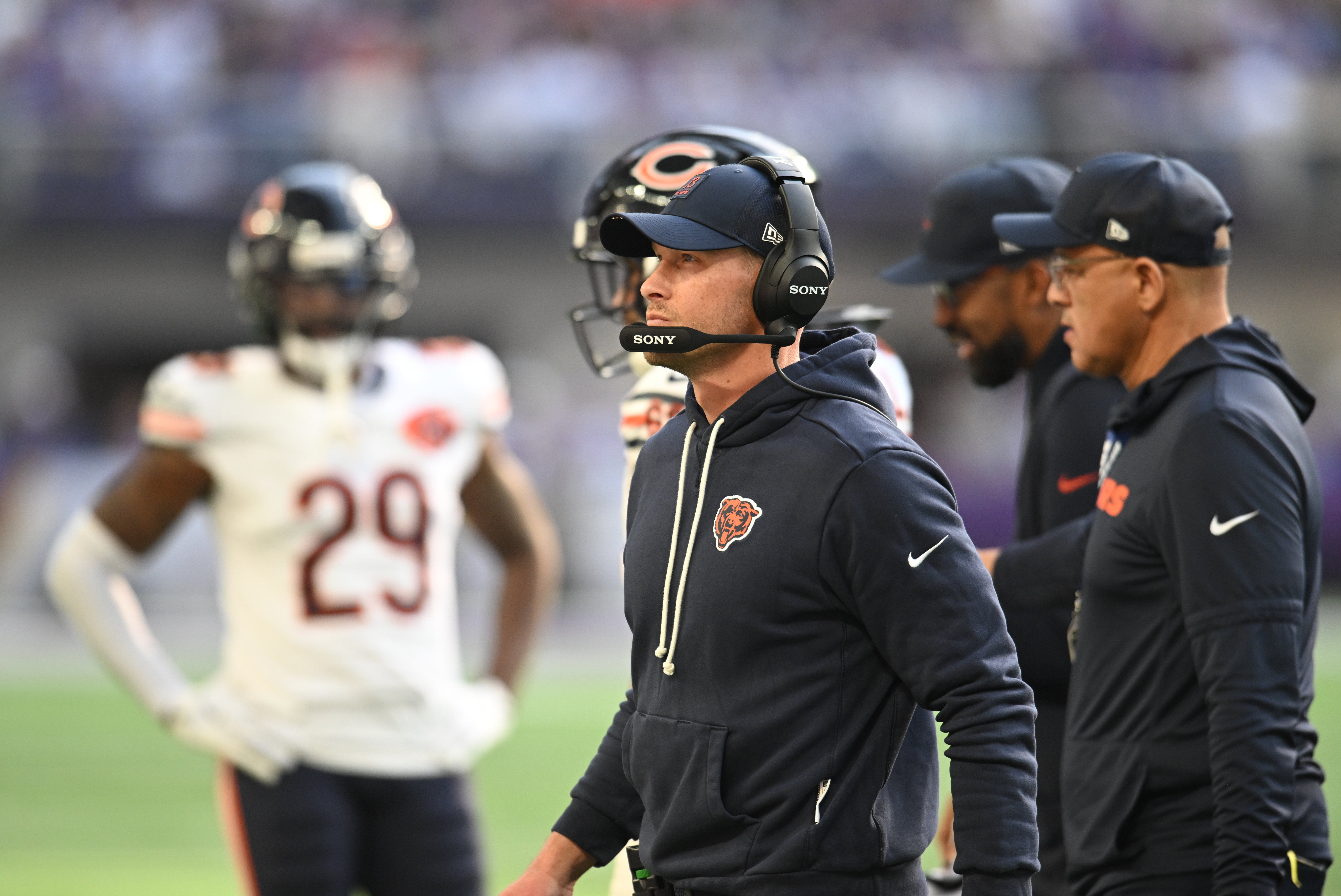 Nov 16, 2025; Minneapolis, Minnesota, USA; Chicago Bears head coach Ben Johnson walks the sideline during the second quarter against the Minnesota Vikings at U.S. Bank Stadium.