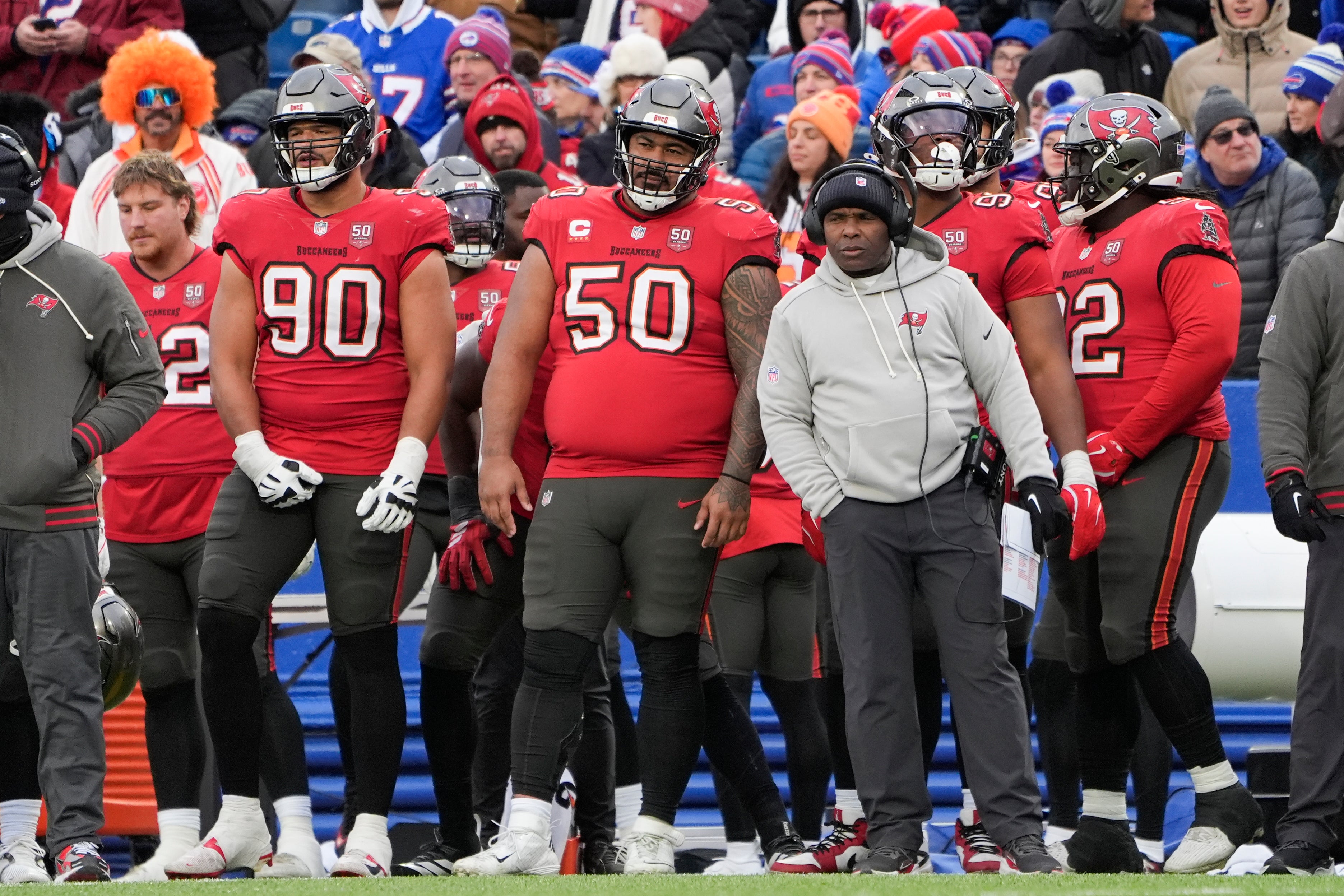 Nov 16, 2025; Orchard Park, New York, USA; Tampa Bay Buccaneers defensive tackle Vita Vea (50) on the sidelines during the second half of the game against the Buffalo Bills at Highmark Stadium.