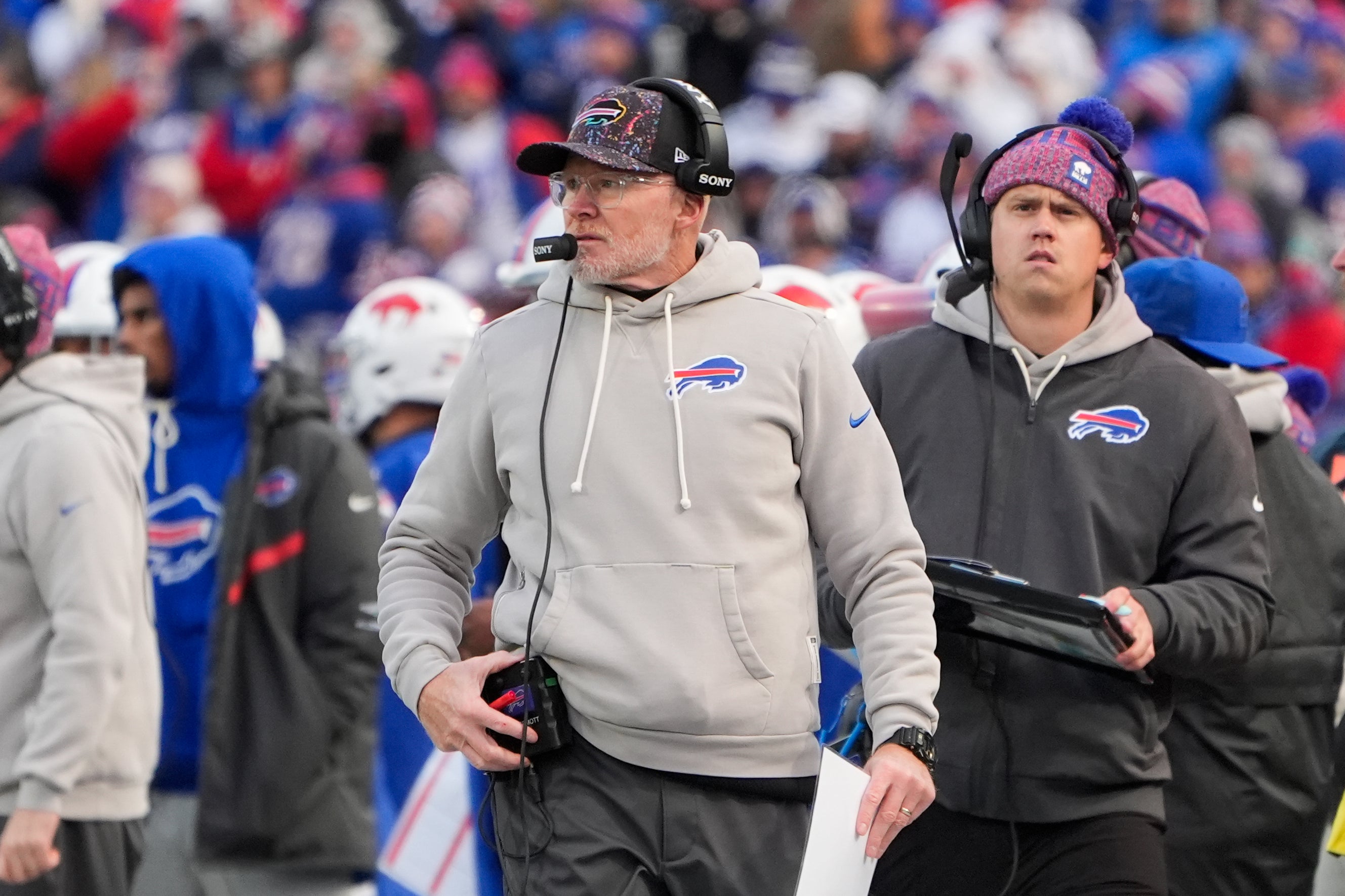 Nov 16, 2025; Orchard Park, New York, USA; Buffalo Bills head coach Sean McDermott on the sidelines during the second half of the game against the Tampa Bay Buccaneersat Highmark Stadium.