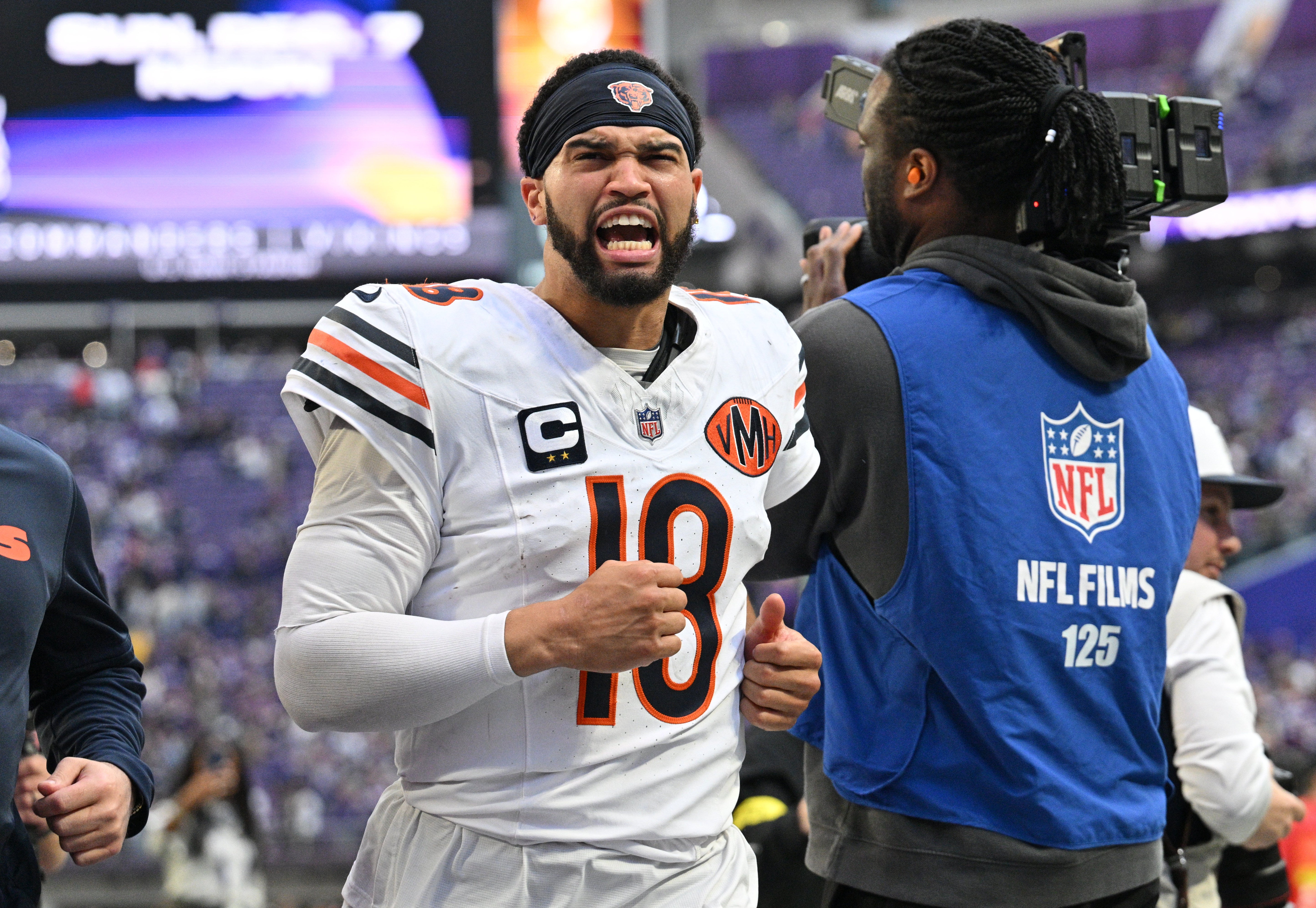 Nov 16, 2025; Minneapolis, Minnesota, USA; Chicago Bears quarterback Caleb Williams (18) reacts after defeating the Minnesota Vikings at U.S. Bank Stadium.