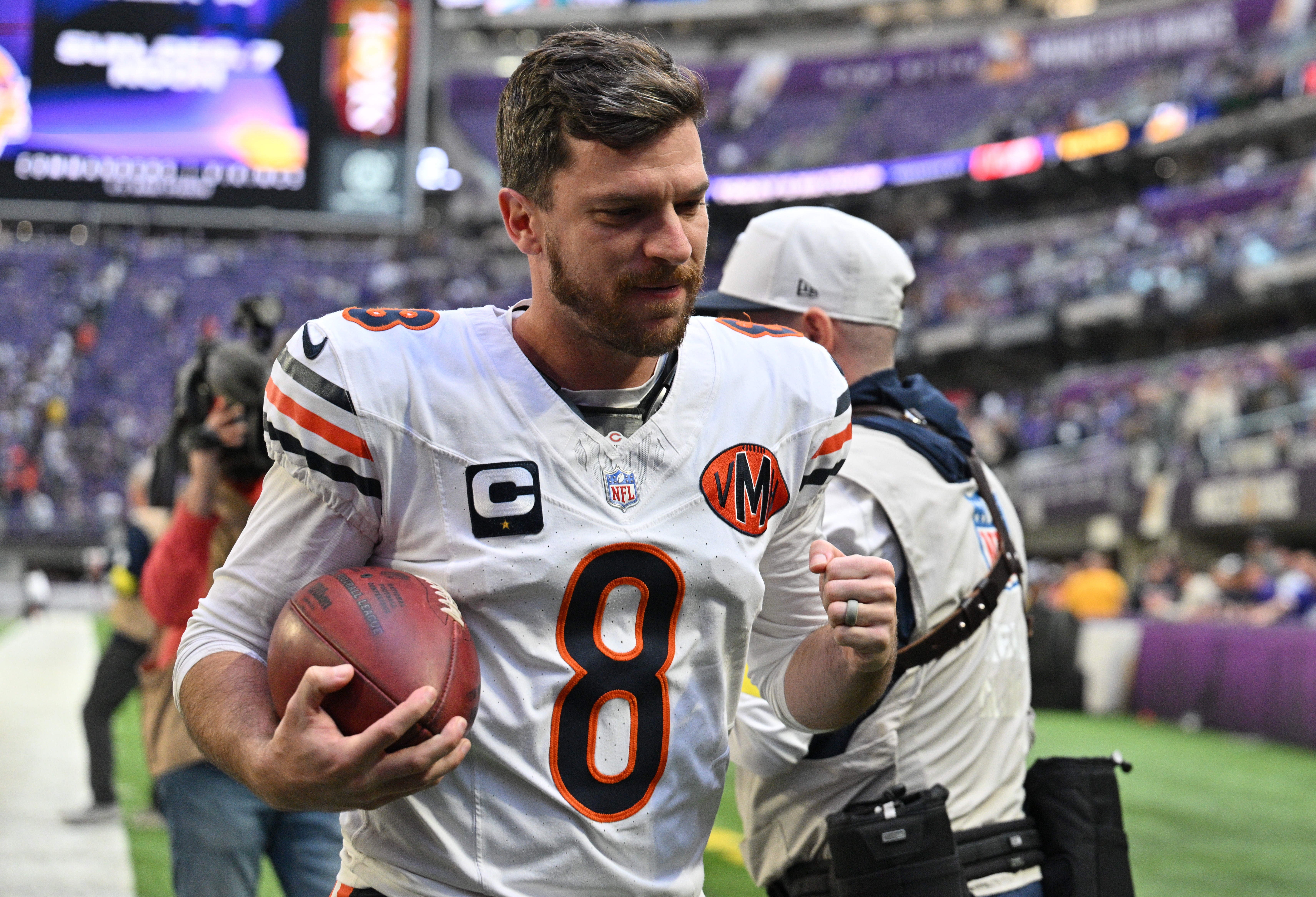 Nov 16, 2025; Minneapolis, Minnesota, USA; Chicago Bears kicker Cairo Santos (8) reacts after kicking a game-winning field goal against the Minnesota Vikings at U.S. Bank Stadium.