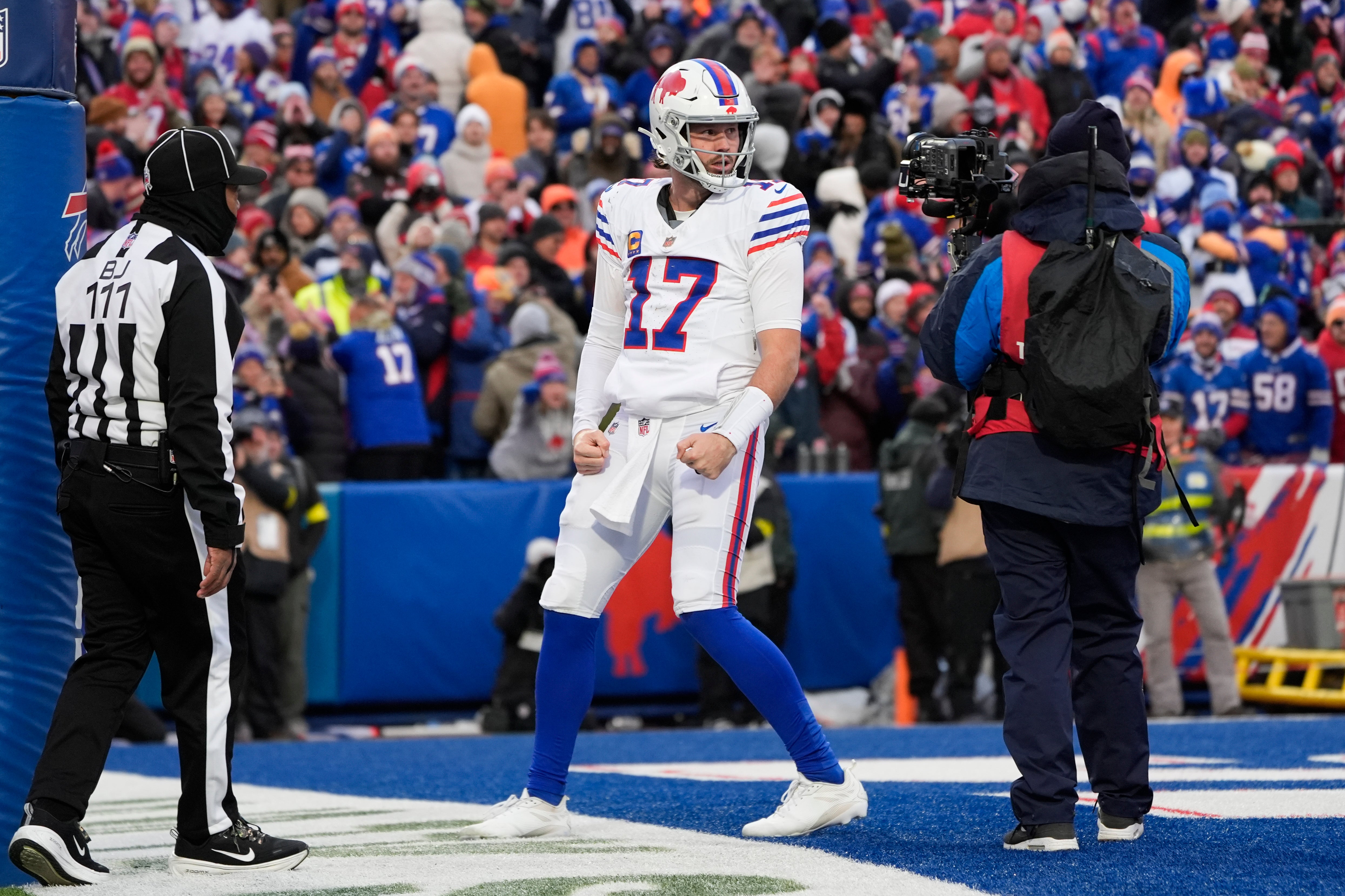 Nov 16, 2025; Orchard Park, New York, USA; Buffalo Bills quarterback Josh Allen (17) celebrates a touchdown against the Tampa Bay Buccaneers during the second half of the game at Highmark Stadium.