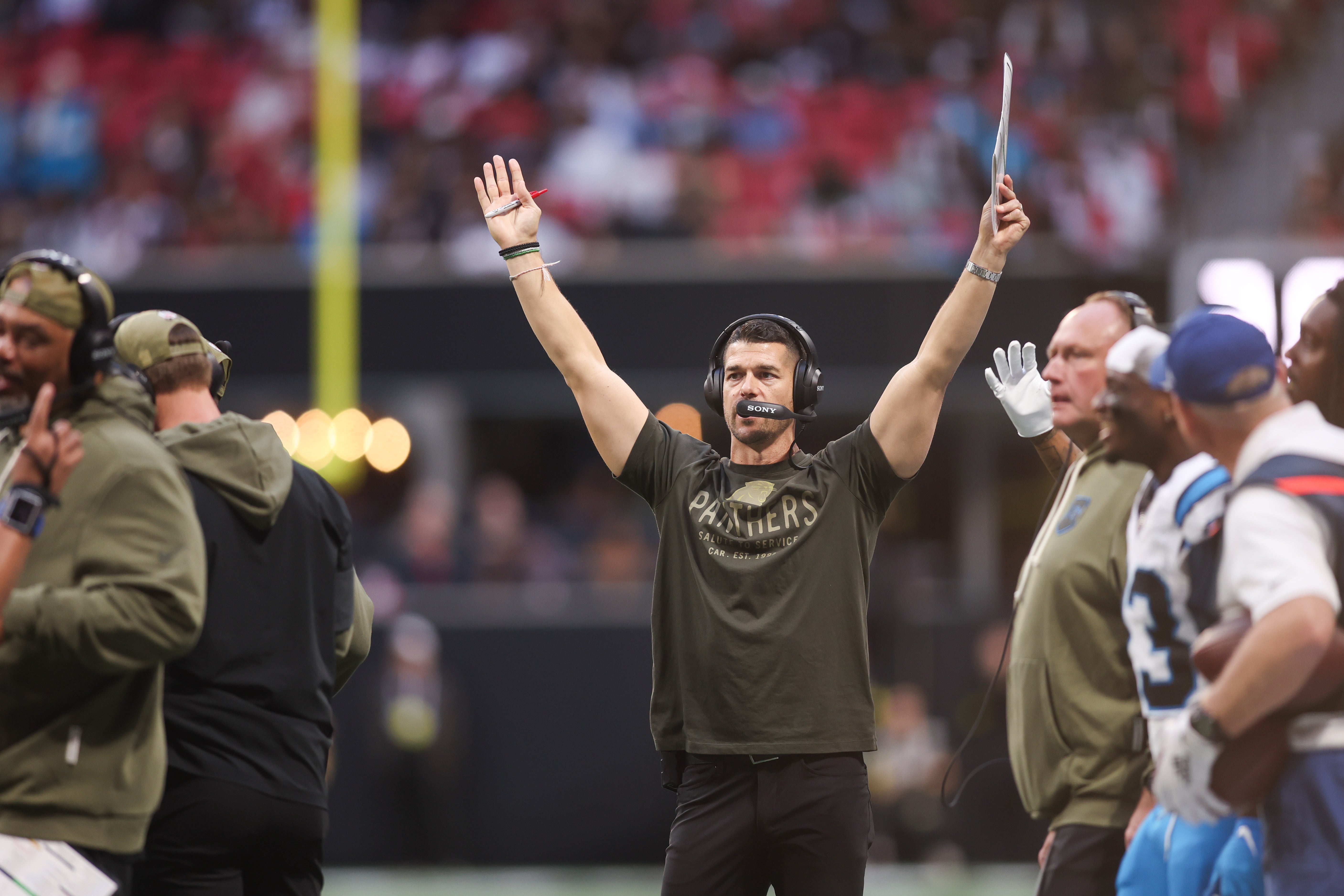 Nov 16, 2025; Atlanta, Georgia, USA; Carolina Panthers head coach Dave Canales reacts in the fourth quarter against the Atlanta Falcons at Mercedes-Benz Stadium.