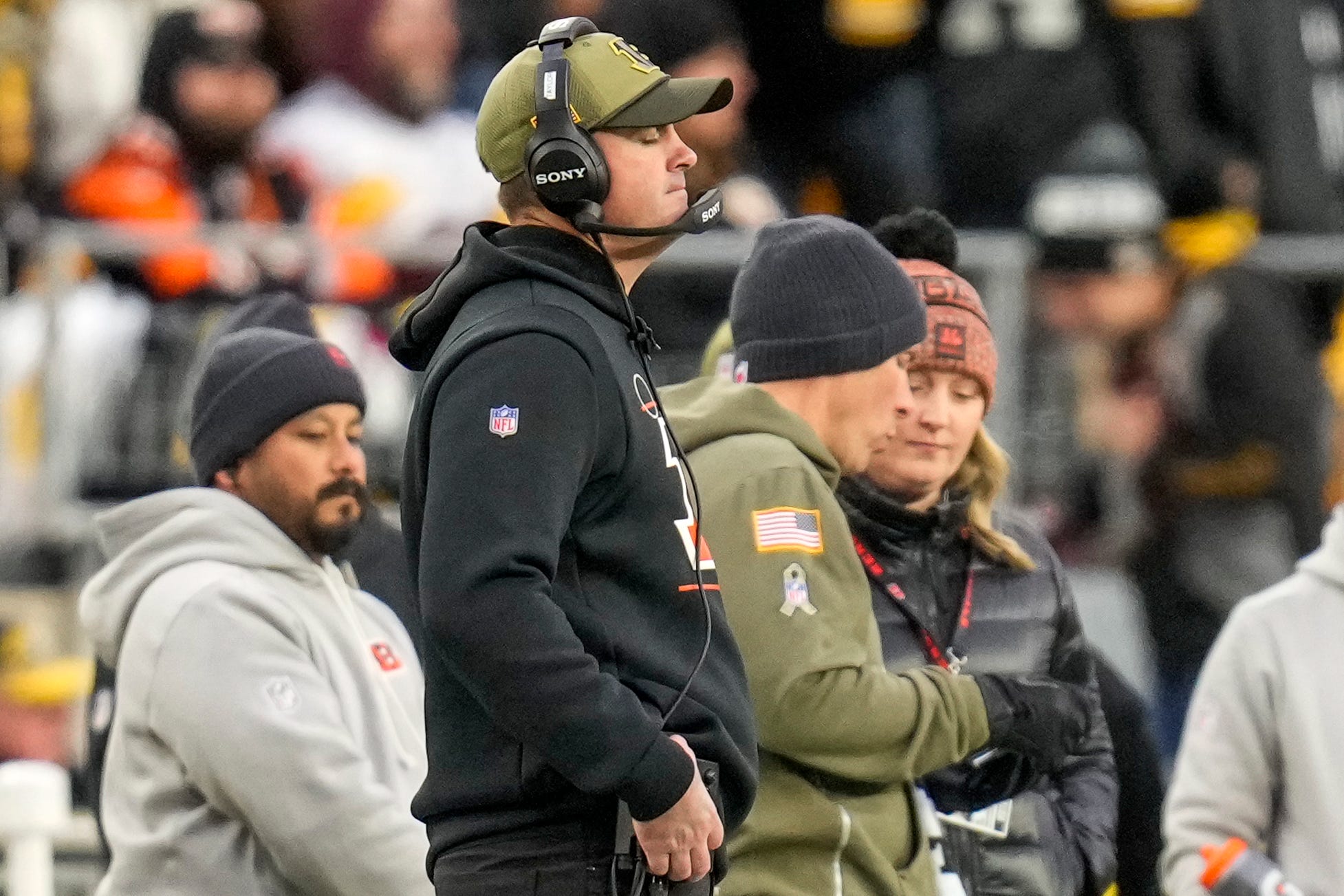 Cincinnati Bengals head coach Zac Taylor reacts after a Steelers touchdown in the fourth quarter of the NFL Week 11 game between the Pittsburgh Steelers and the Cincinnati Bengals at Acrisure Stadium in Pittsburgh on Sunday, Nov. 16, 2025. The Bengals lost 34-12.