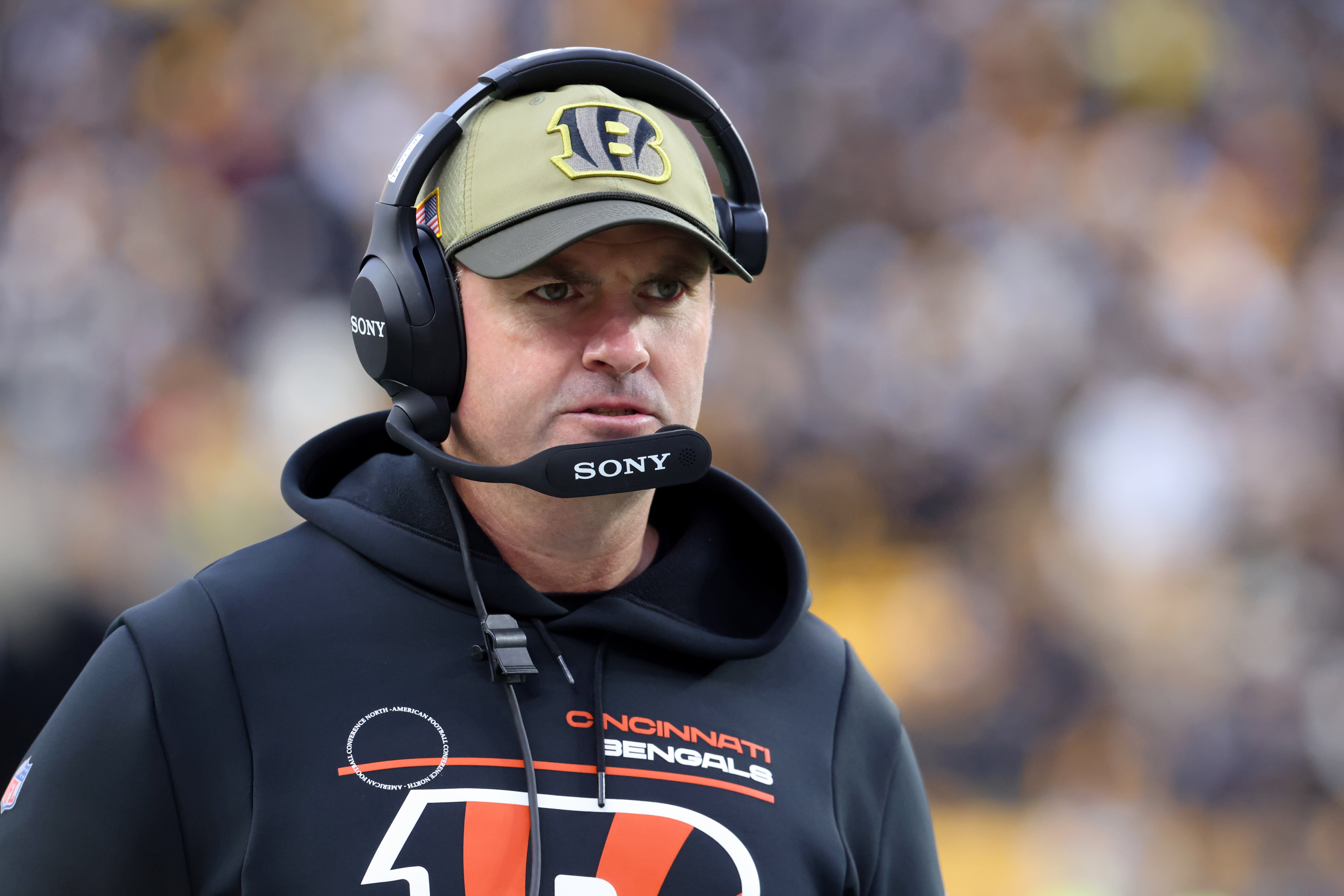Nov 16, 2025; Pittsburgh, Pennsylvania, USA; Cincinnati Bengals head coach Zac Taylor looks on during the second half at Acrisure Stadium.
