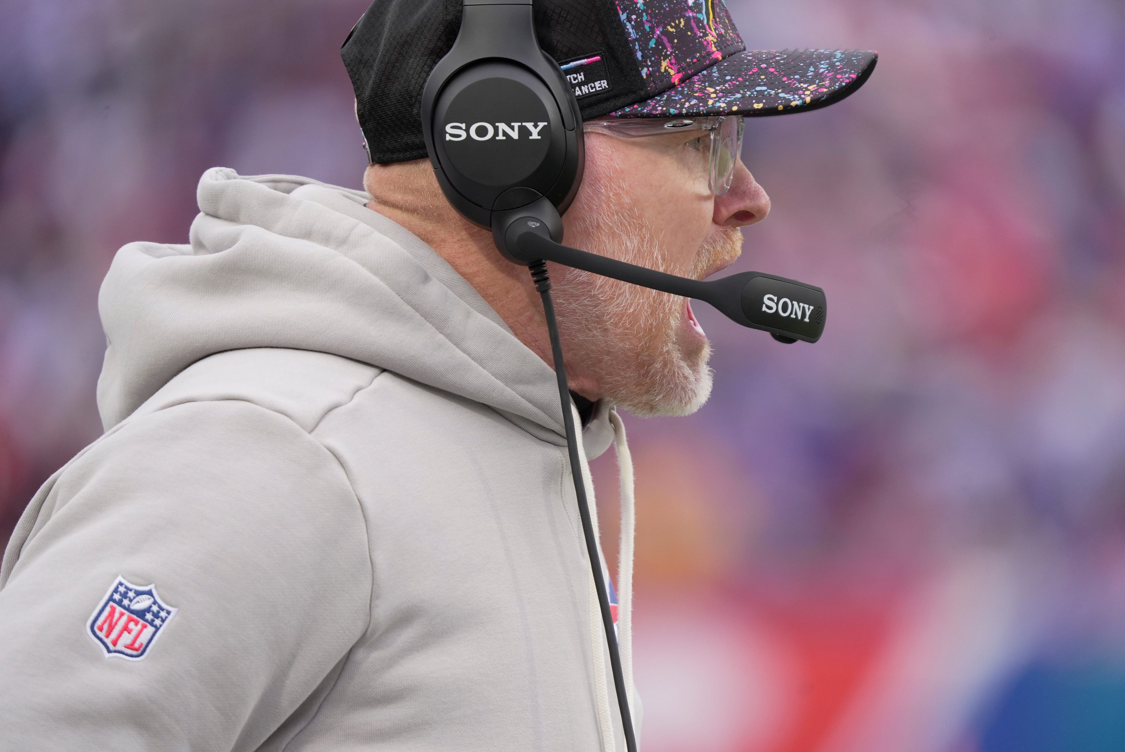 Buffalo Bills head coach Sean McDermott yells to the players on the field during first half action against the Tampa Bay Buccaneers on Nov 16, 2025 at Highmark Stadium in Orchard Park.