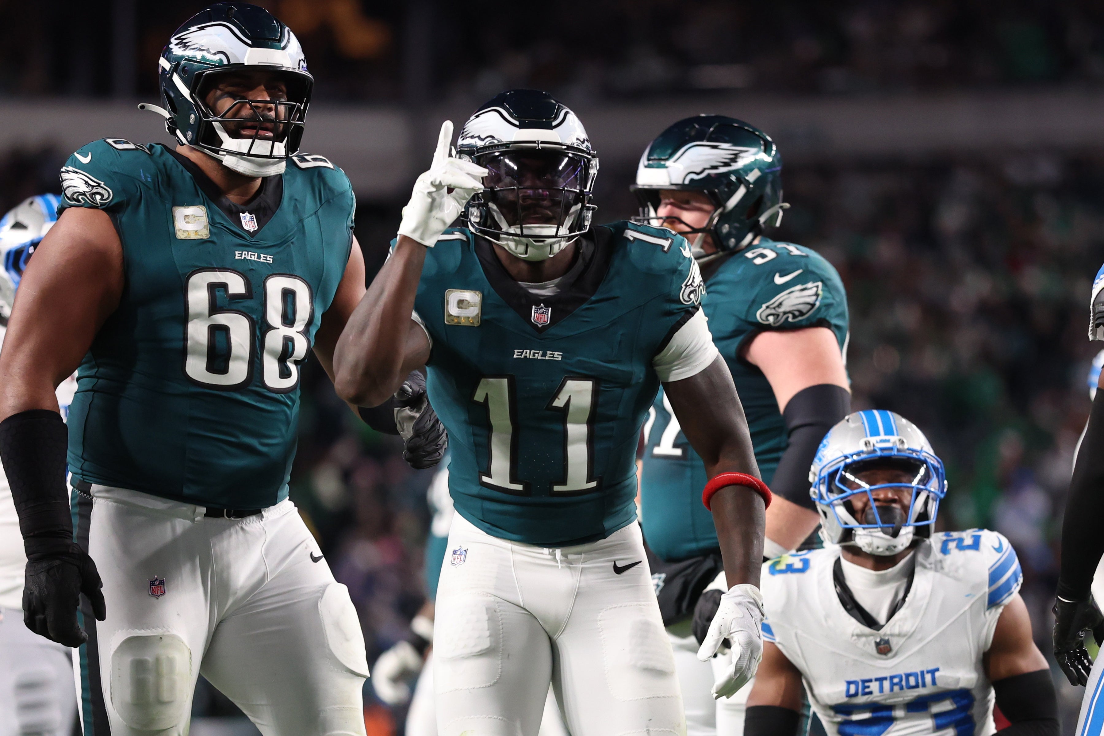 Nov 16, 2025; Philadelphia, Pennsylvania, USA; Philadelphia Eagles wide receiver A.J. Brown (11) reacts against the Detroit Lions during the first half at Lincoln Financial Field.