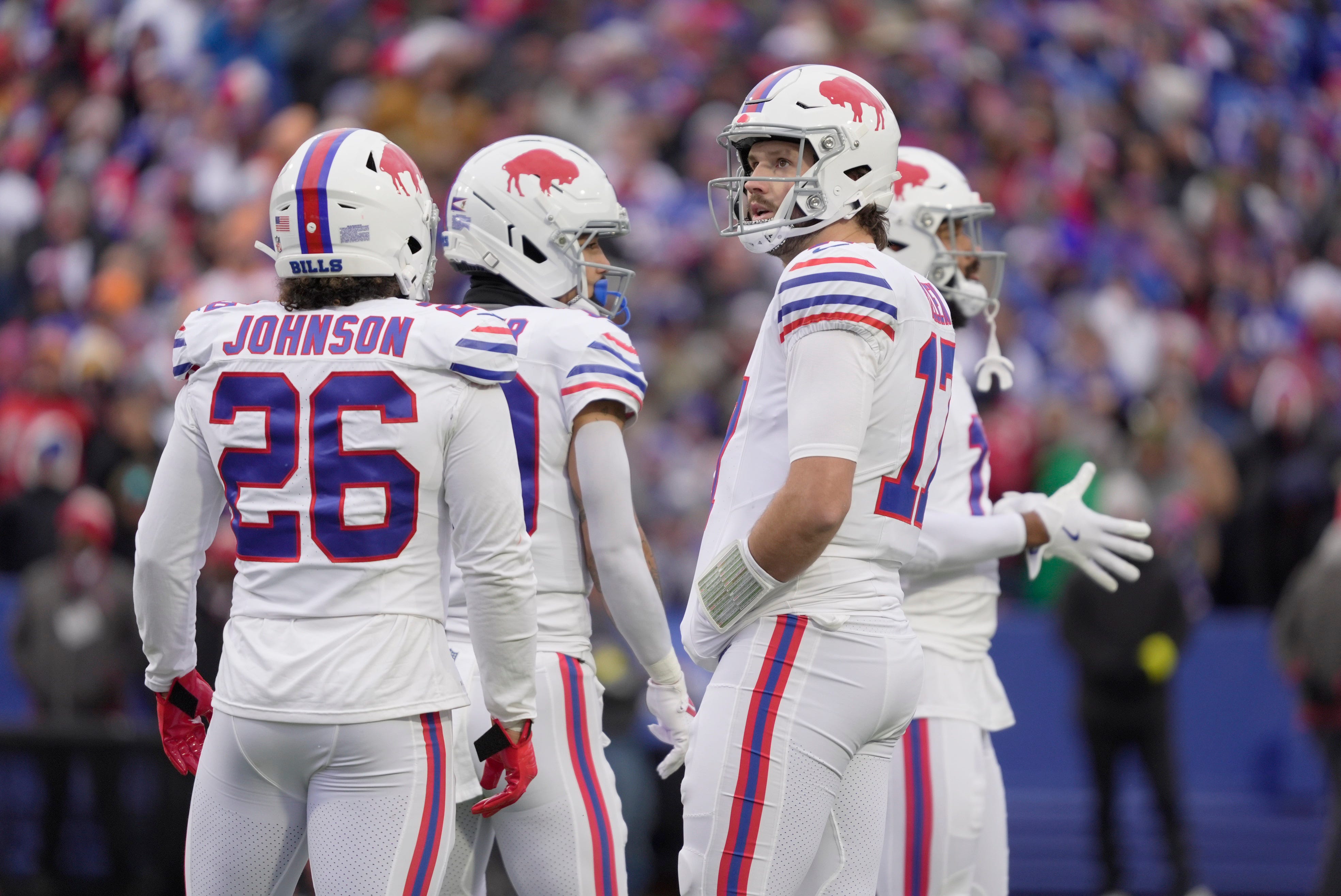 Buffalo Bills quarterback Josh Allen gets ready to line up with some of his running bavks and receivers during first half action against the Tampa Bay Buccaneers on Nov 16, 2025 at Highmark Stadium in Orchard Park.
