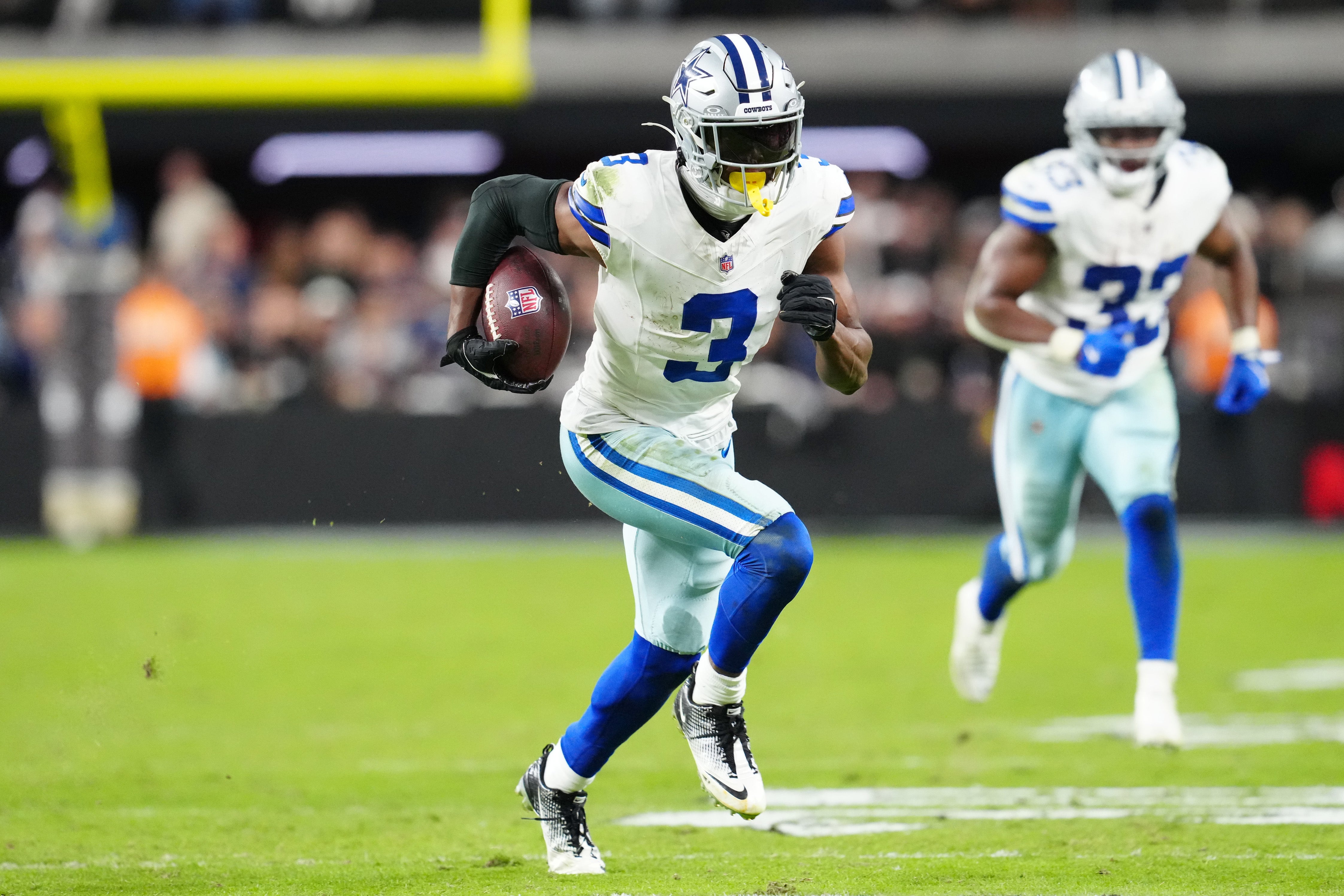 Nov 17, 2025; Paradise, Nevada, USA; Dallas Cowboys wide receiver George Pickens (3) runs to score a touchdown during the first half against the Las Vegas Raiders at Allegiant Stadium.
