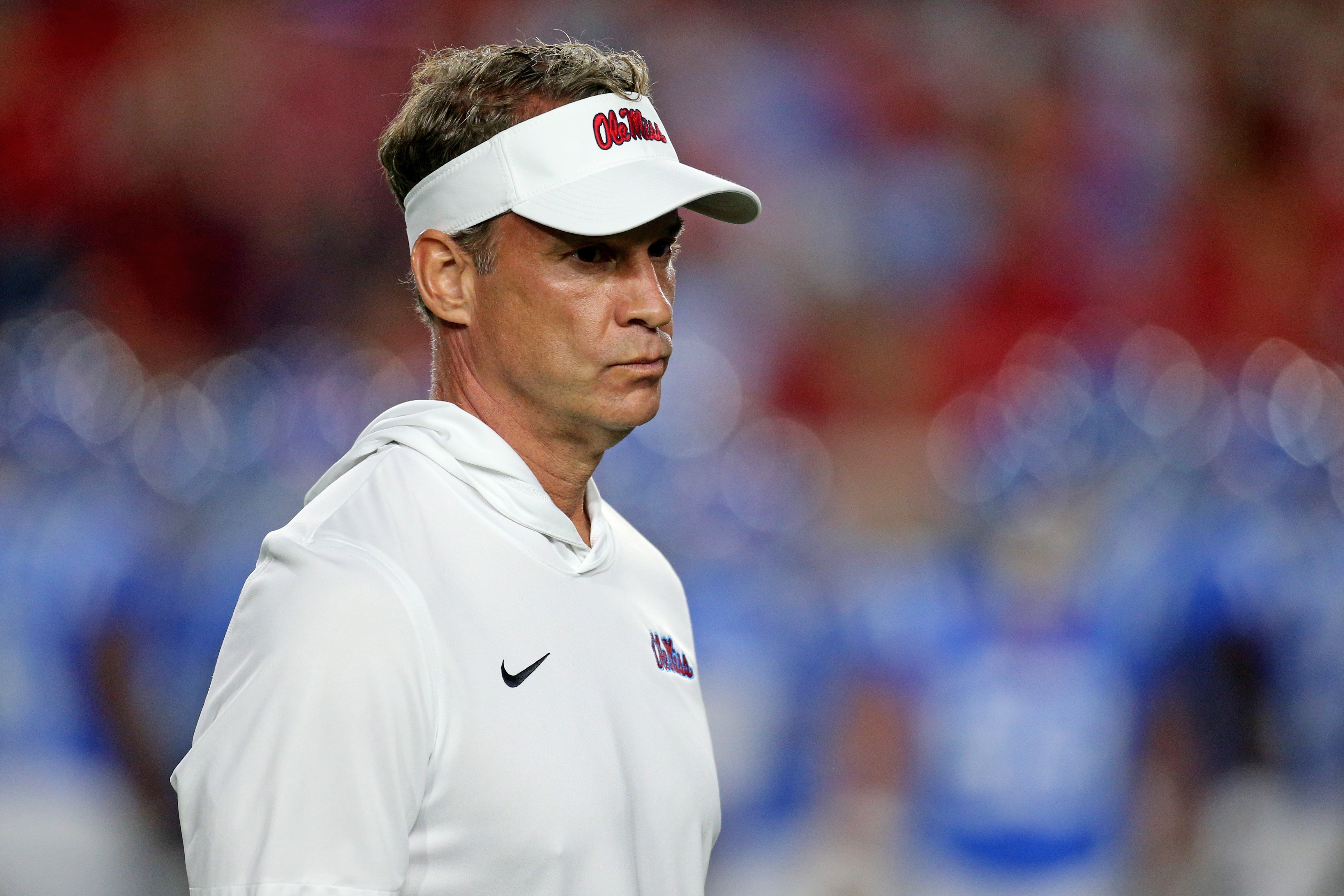Nov 15, 2025; Oxford, Mississippi, USA; Mississippi Rebels head coach Lane Kiffin looks on during warm ups prior to the game against the Florida Gators at Vaught-Hemingway Stadium.