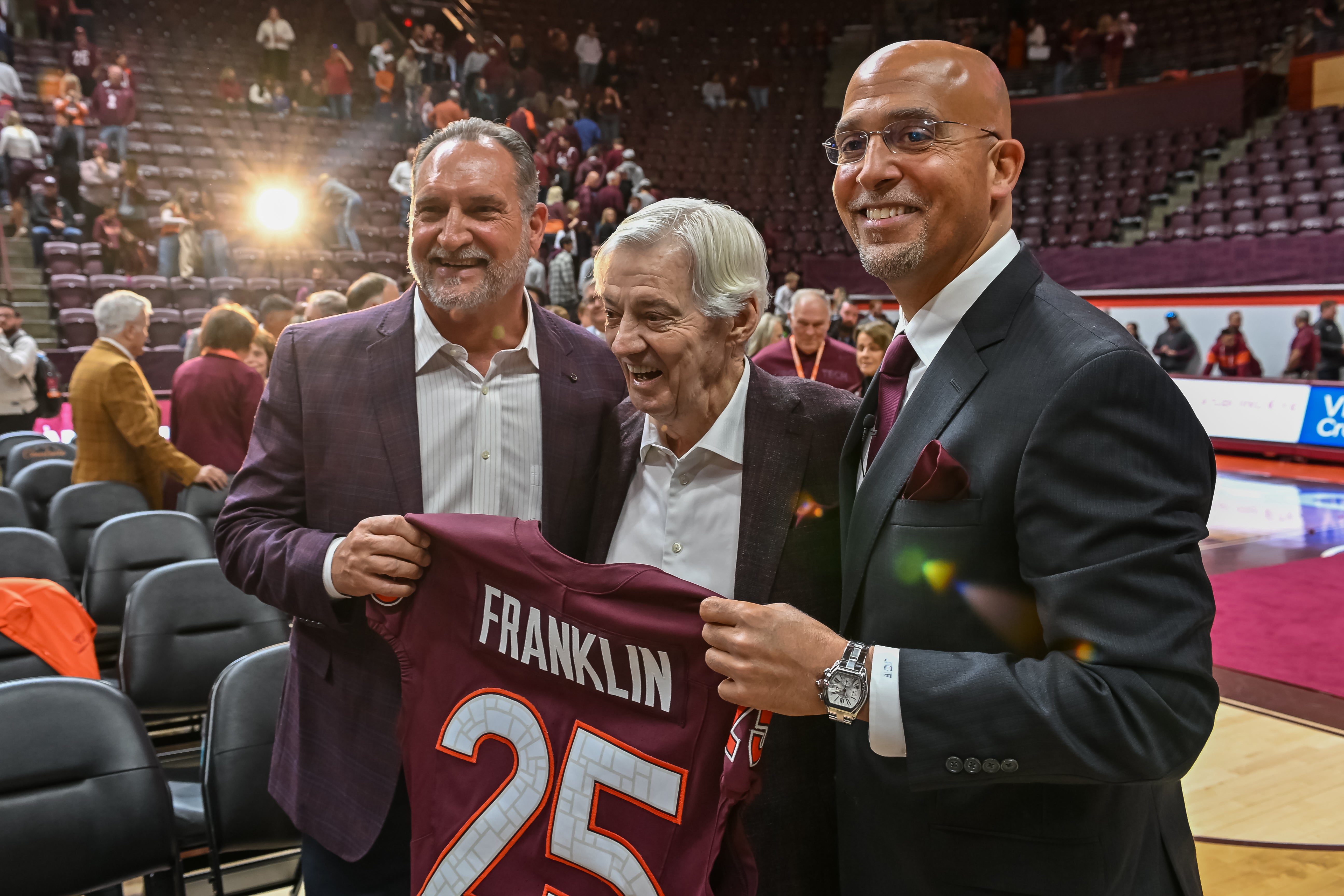Nov 19, 2025; Blacksburg, VA, USA; Bud Foster, Frank Beamer and James Franklin after the press conference at Cassell Coliseum. Mandatory Credit: Brian Bishop-Imagn Images