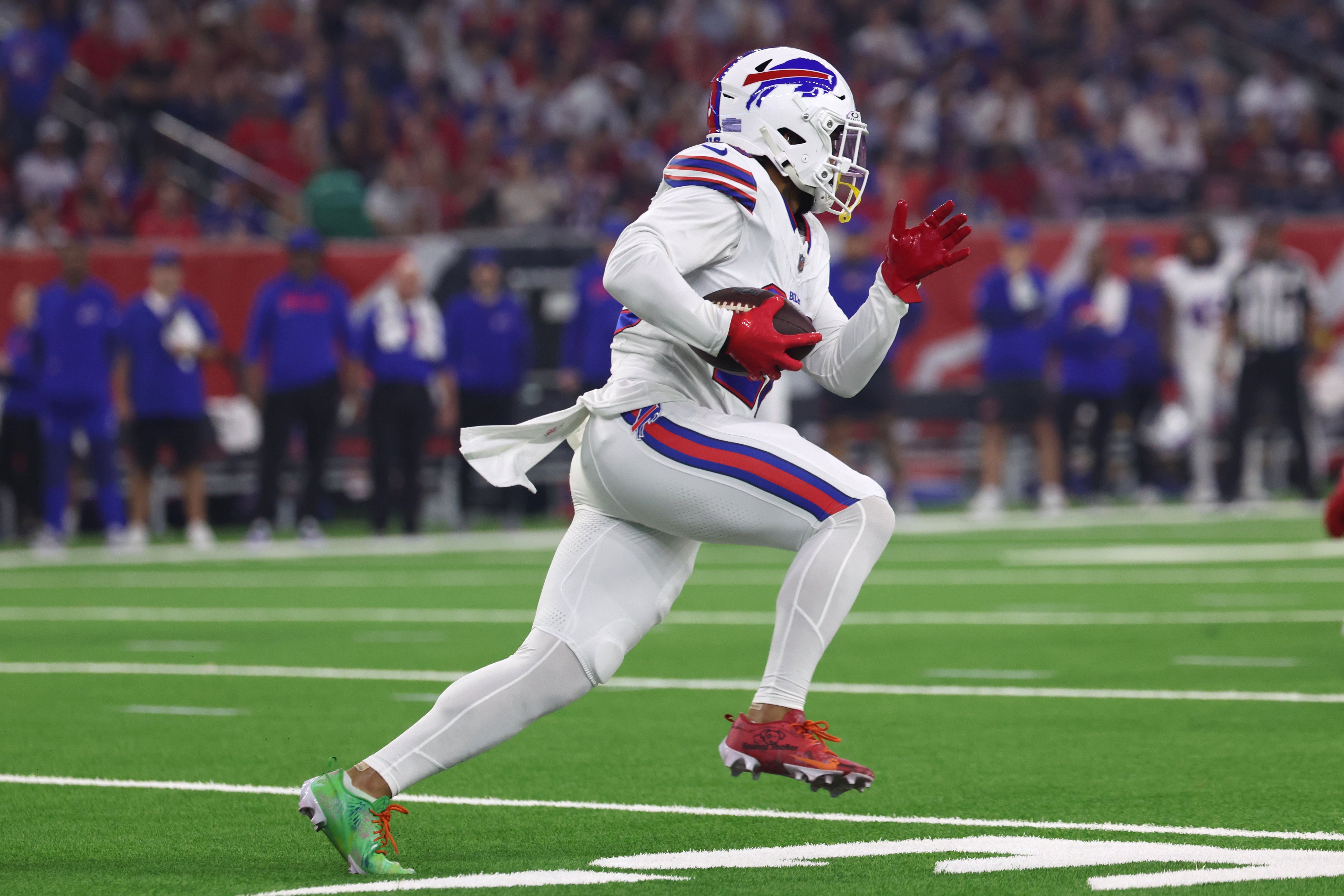 Nov 20, 2025; Houston, Texas, USA; Buffalo Bills running back Ty Johnson (26) runs against the Houston Texans in the first quarter at NRG Stadium.