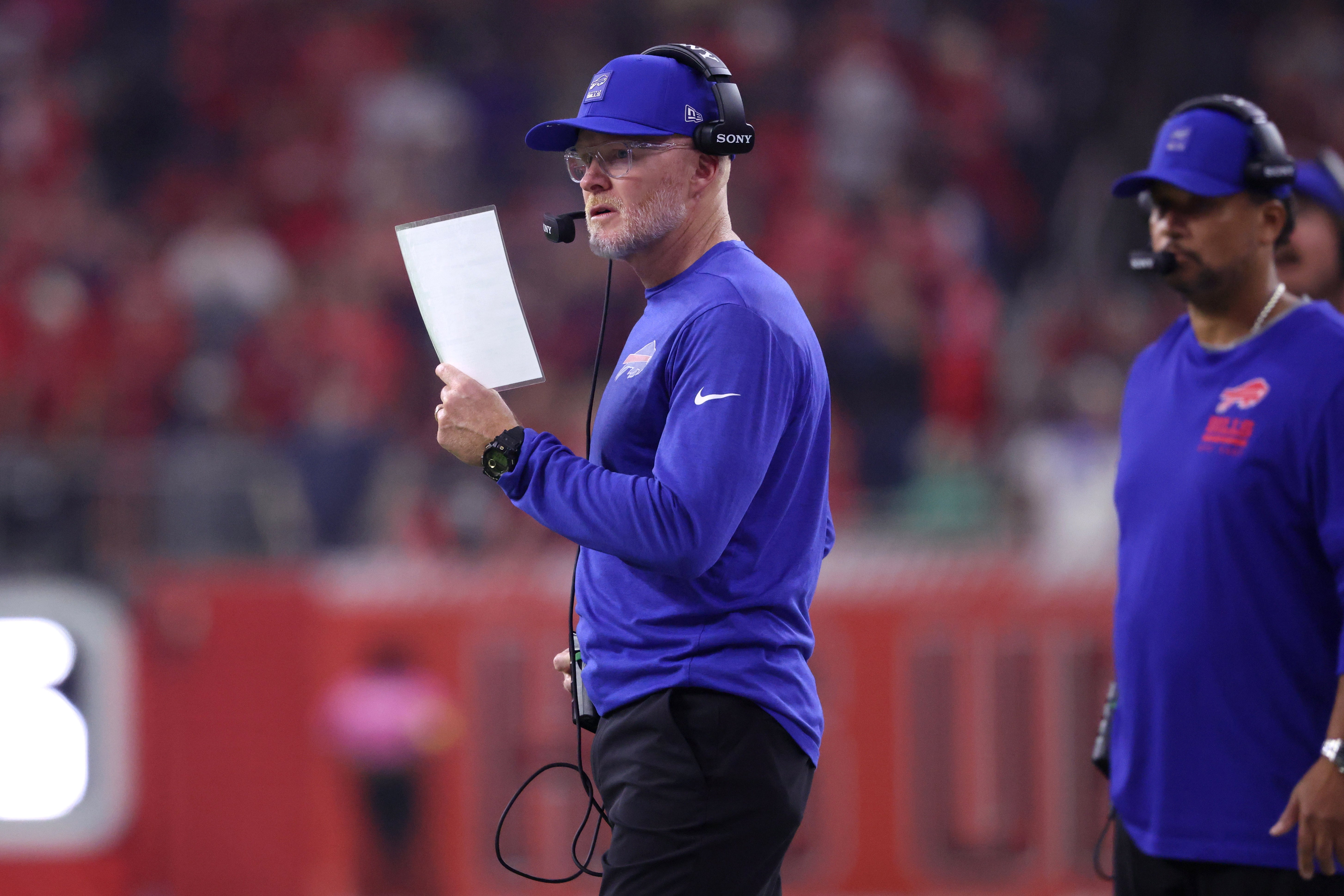 Nov 20, 2025; Houston, Texas, USA; Buffalo Bills head coach Sean McDermott looks on in the second quarter against the Houston Texans at NRG Stadium.