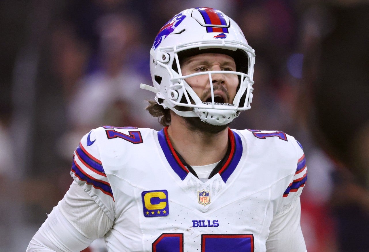 Nov 20, 2025; Houston, Texas, USA; Buffalo Bills quarterback Josh Allen (17) reacts after throwing an interception in the second quarter against the Houston Texans at NRG Stadium.