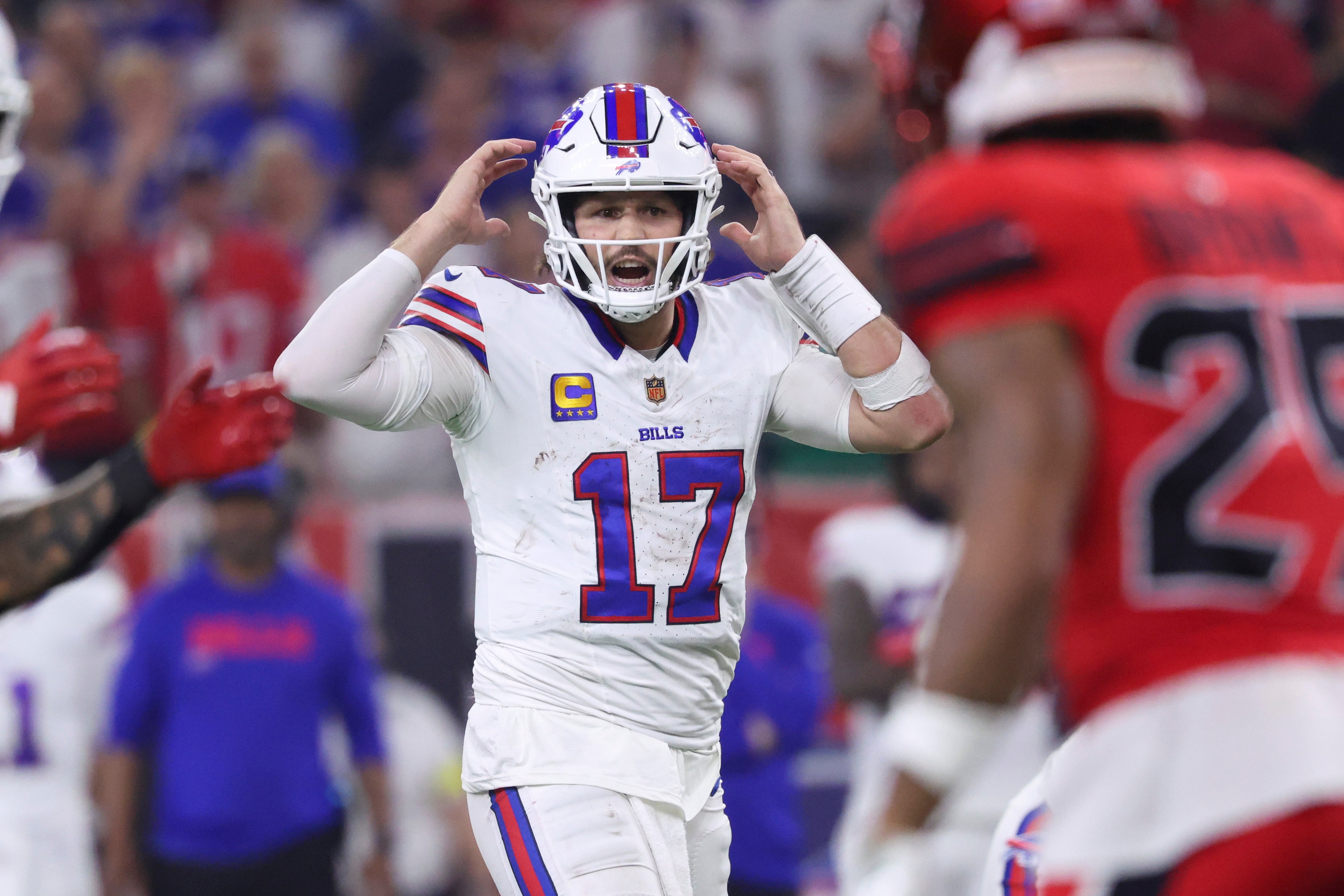 Nov 20, 2025; Houston, Texas, USA; Buffalo Bills quarterback Josh Allen (17) signals at the line of scrimmage during the second half against the Houston Texans at NRG Stadium.