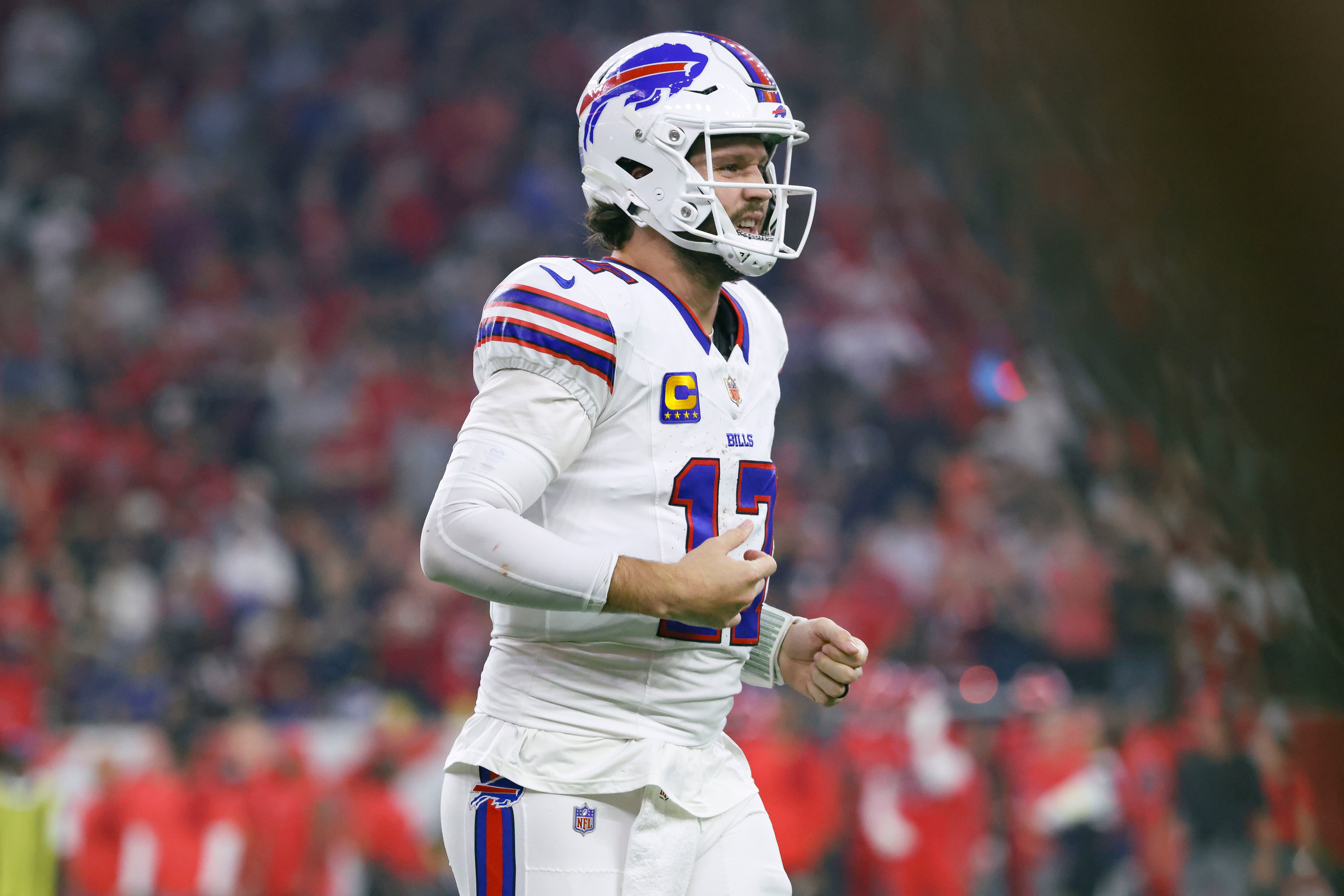 Nov 20, 2025; Houston, Texas, USA; Buffalo Bills quarterback Josh Allen (17) jogs off the field during the game against the Houston Texans at NRG Stadium.