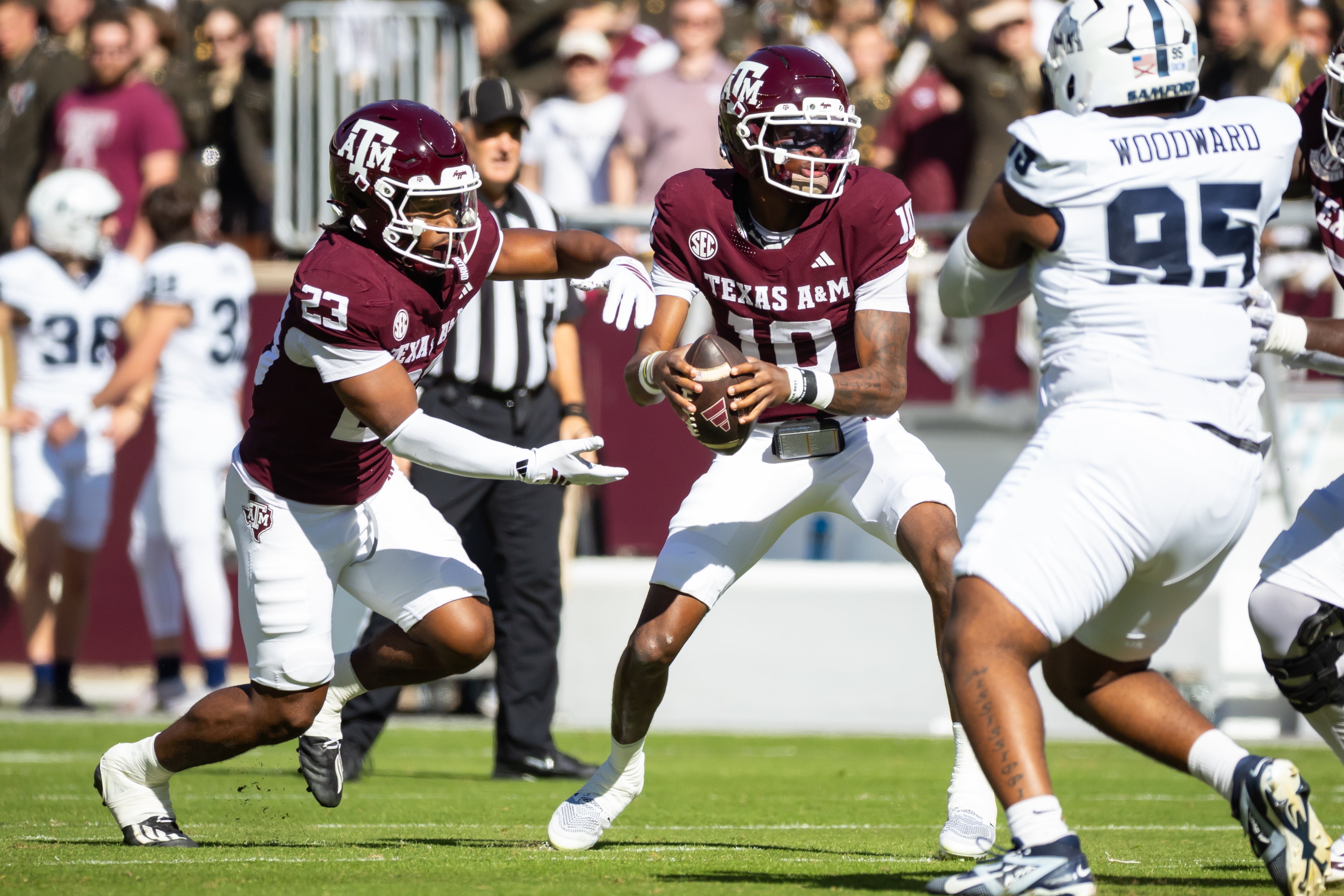 Nov 22, 2025; College Station, Texas, USA; Texas A&M Aggies quarterback Marcel Reed (10) drops back for a pass attempt in the first half of a game against the Samford Bulldogs at Kyle Field.