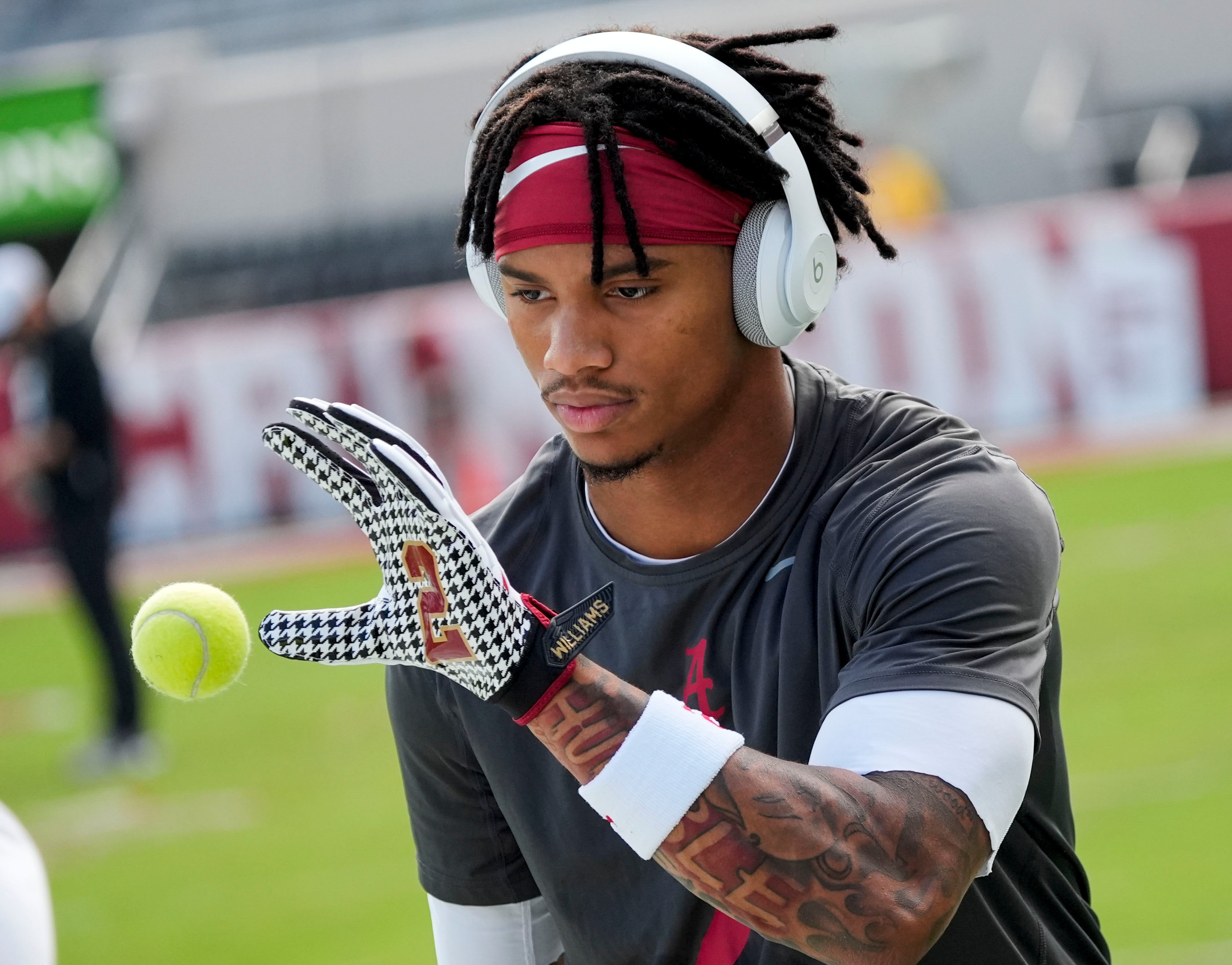 Nov 22, 2025; Tuscaloosa, Alabama, USA; Alabama wide receiver Ryan Williams (2) does a drill catching tennis balls before the game with Eastern Illinois at Saban Field at Bryant-Denny Stadium.