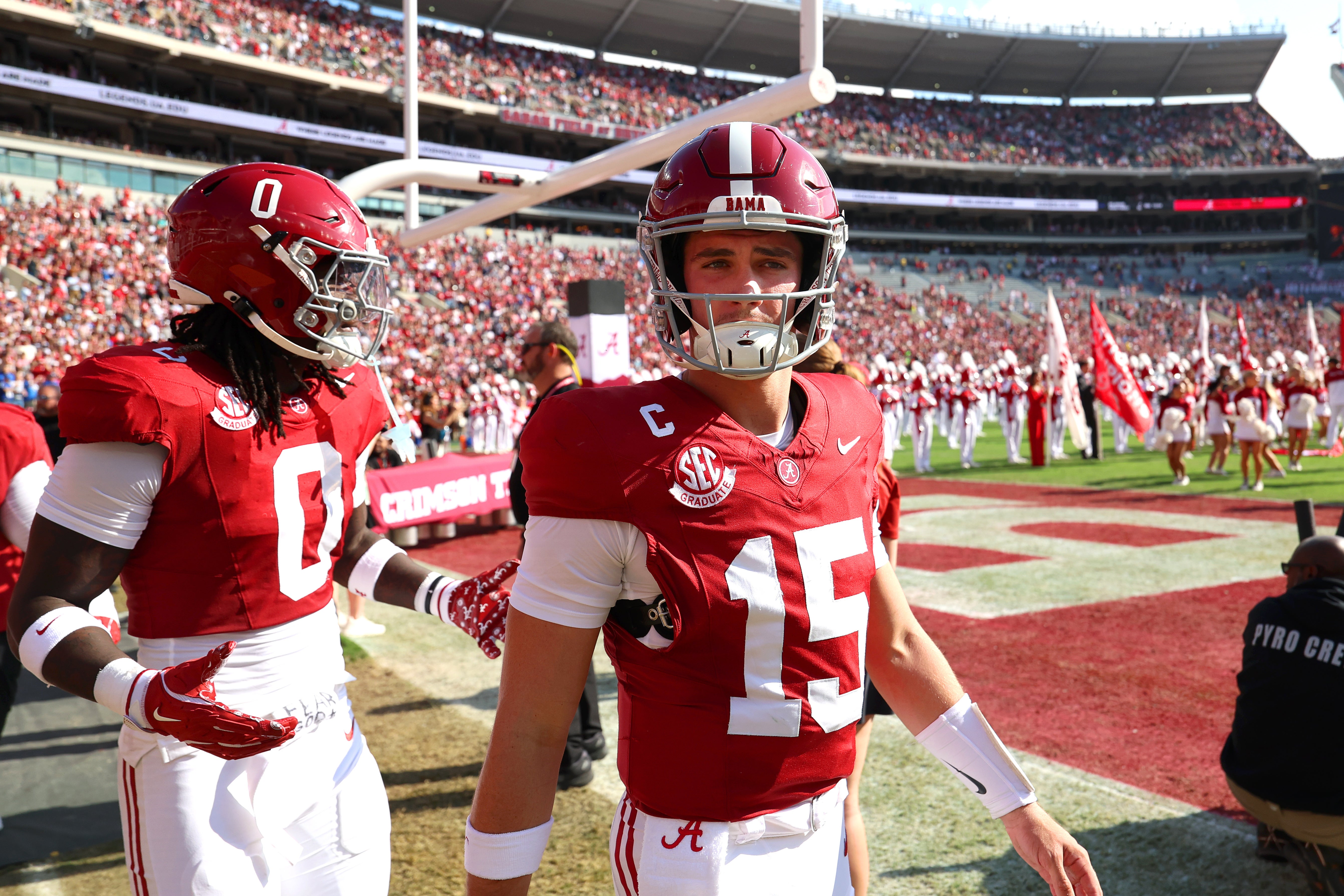 Nov 22, 2025; Tuscaloosa, Alabama, USA; Alabama Crimson Tide quarterback Ty Simpson (15) takes the field before a game against the Eastern Illinois Panthers at Saban Field at Bryant-Denny Stadium