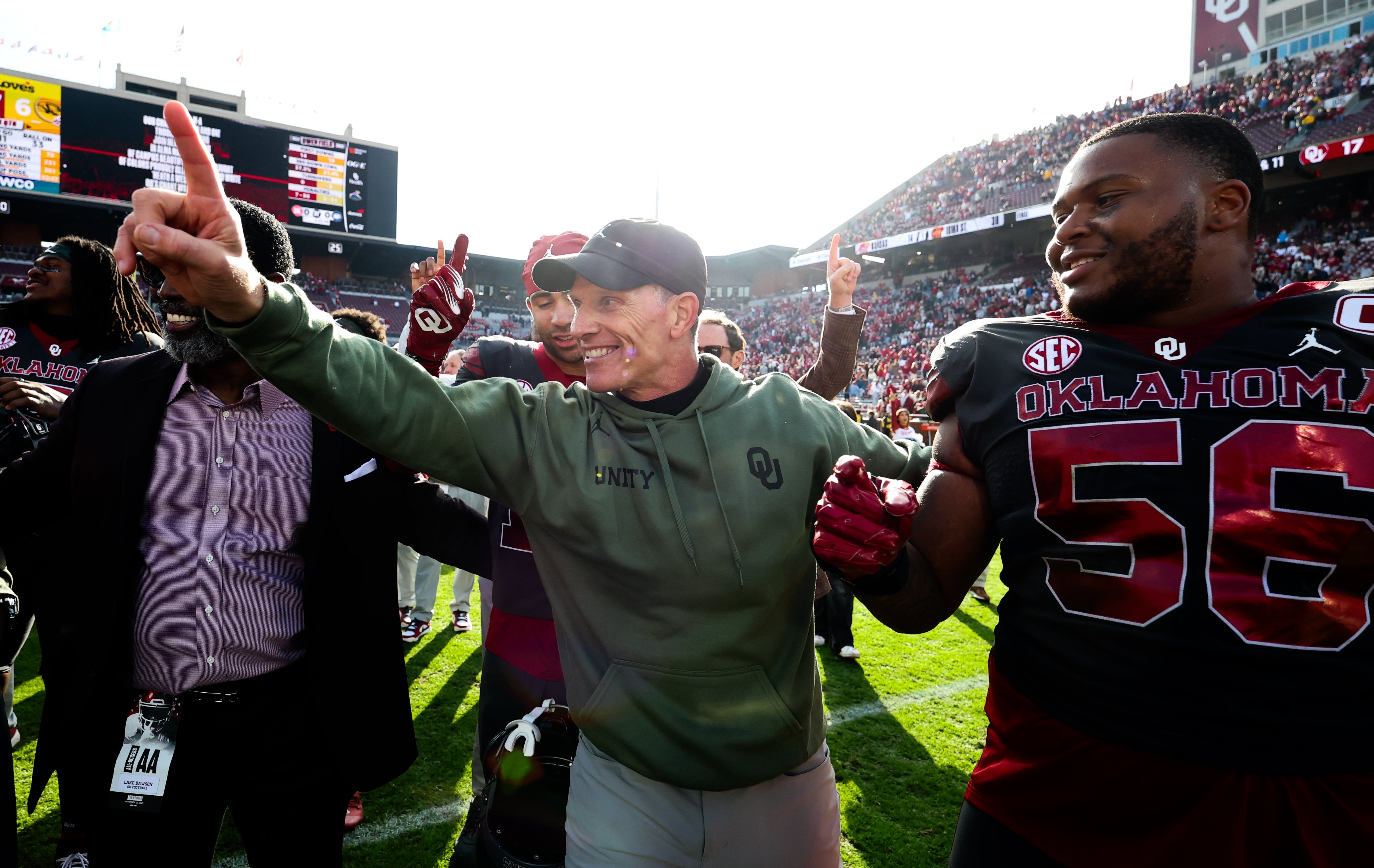 Nov 22, 2025; Norman, Oklahoma, USA; Oklahoma Sooners head coach Brent Venables reacts after the game against the Missouri Tigers at Gaylord Family-Oklahoma Memorial Stadium.