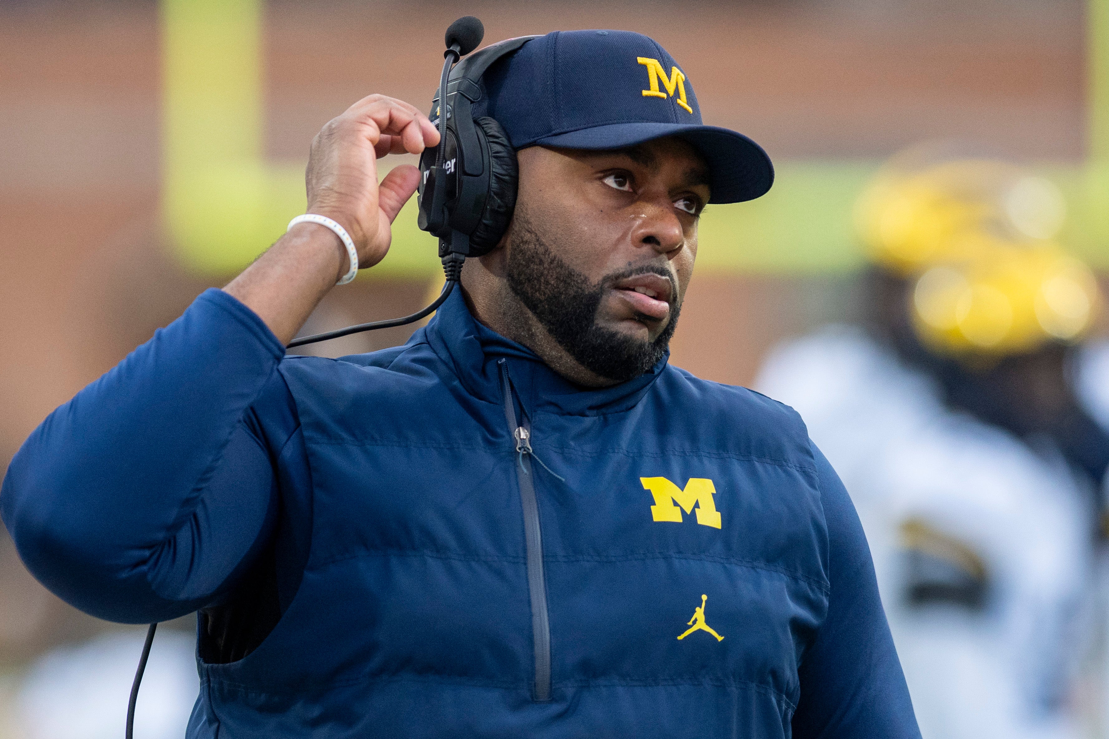 Nov 22, 2025; College Park, Maryland, USA; Michigan Wolverines head coach Sherrone Moore on the sidelines during the first quarter against the Maryland Terrapins at SECU Stadium.