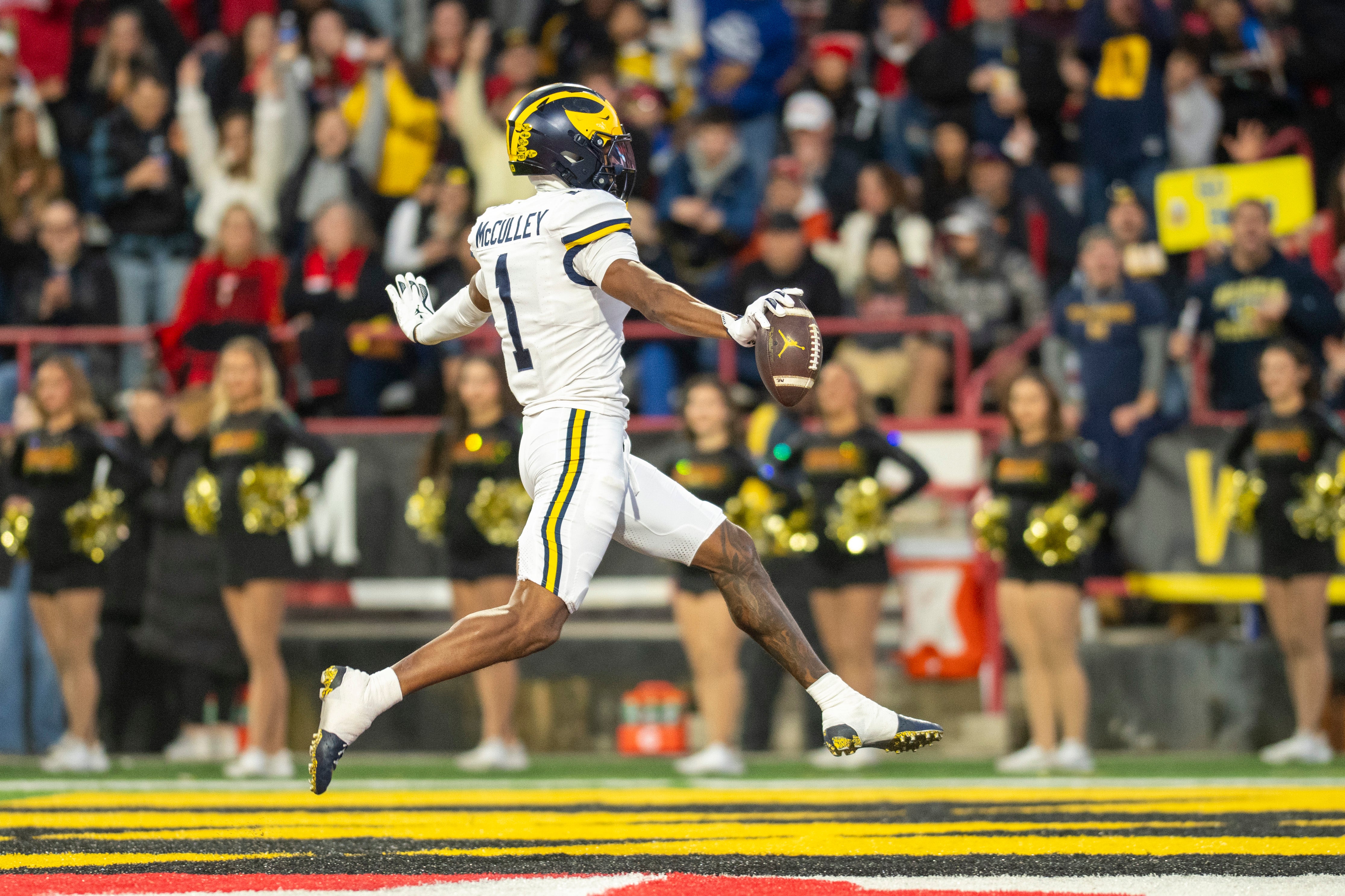 Nov 22, 2025; College Park, Maryland, USA; Michigan Wolverines wide receiver Donaven McCulley (1) celebrates after a first half touchdown against the Maryland Terrapins at SECU Stadium.