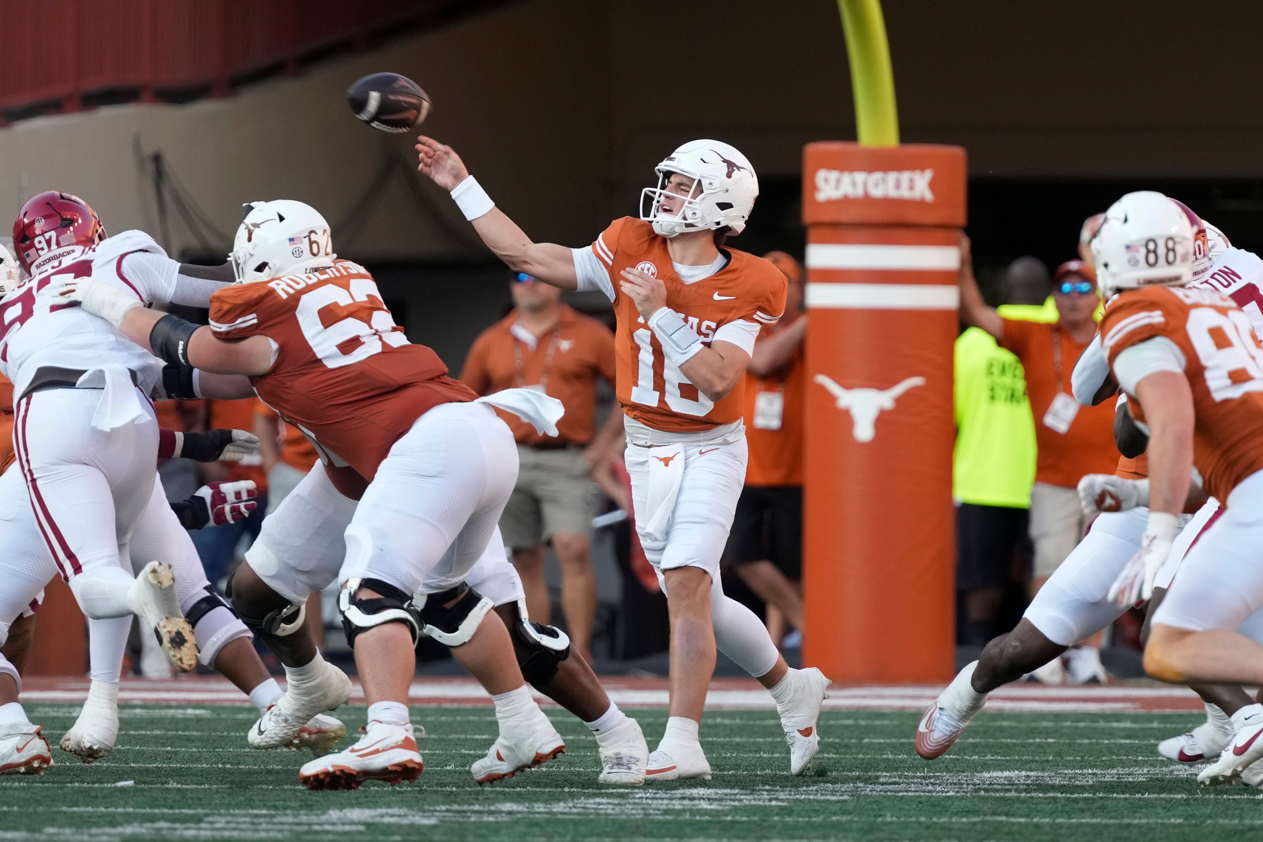 Nov 22, 2025; Austin, Texas, USA; Texas Longhorns quarterback Arch Manning (16) throws a pass during the first half against the Arkansas Razorbacks at Darrell K Royal-Texas Memorial Stadium. Mandatory Credit: Scott Wachter-Imagn Images