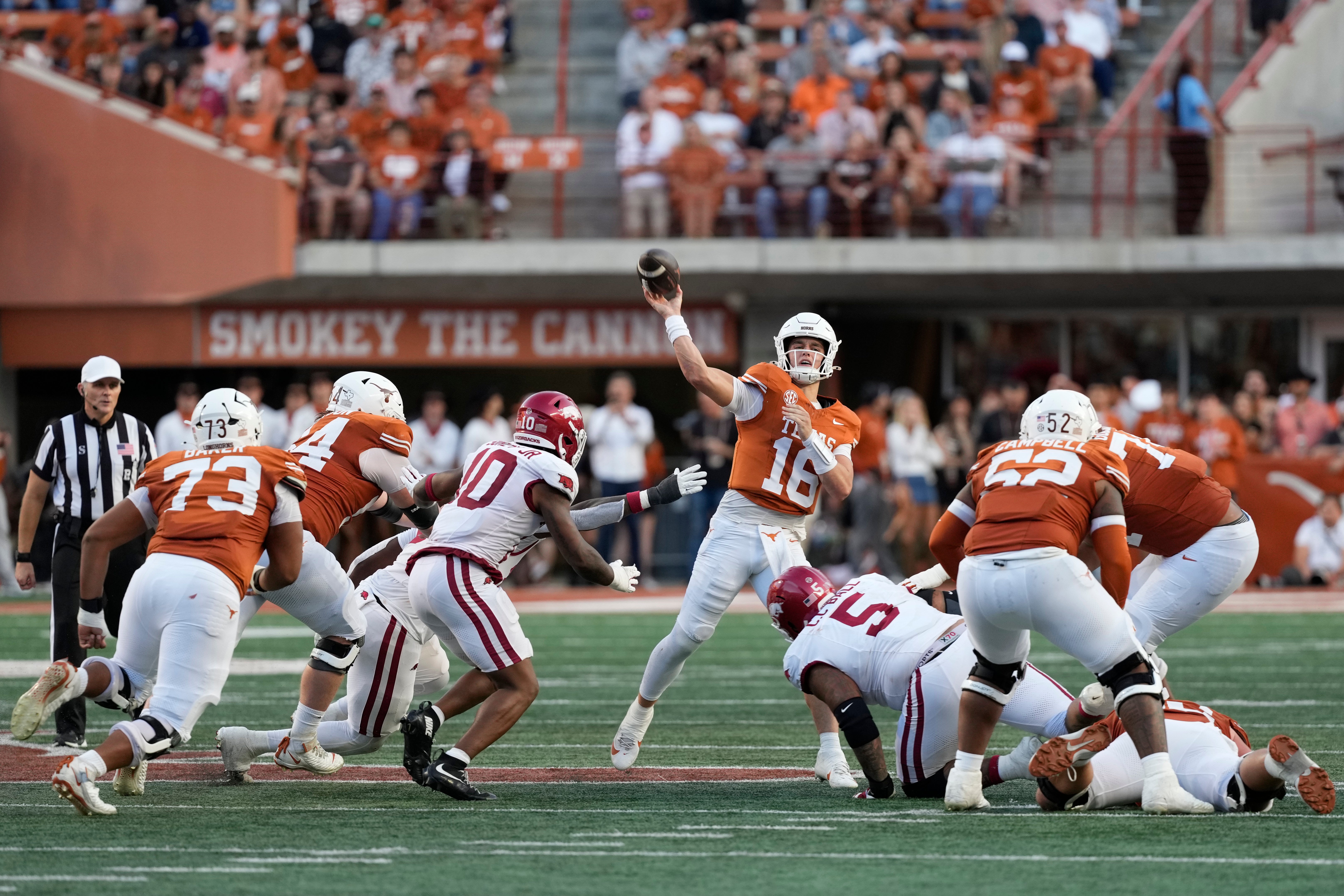 Nov 22, 2025; Austin, Texas, USA; Texas Longhorns quarterback Arch Manning (16) throws a pass during the second half against the Arkansas Razorbacks at Darrell K Royal-Texas Memorial Stadium. Mandatory Credit: Scott Wachter-Imagn Images