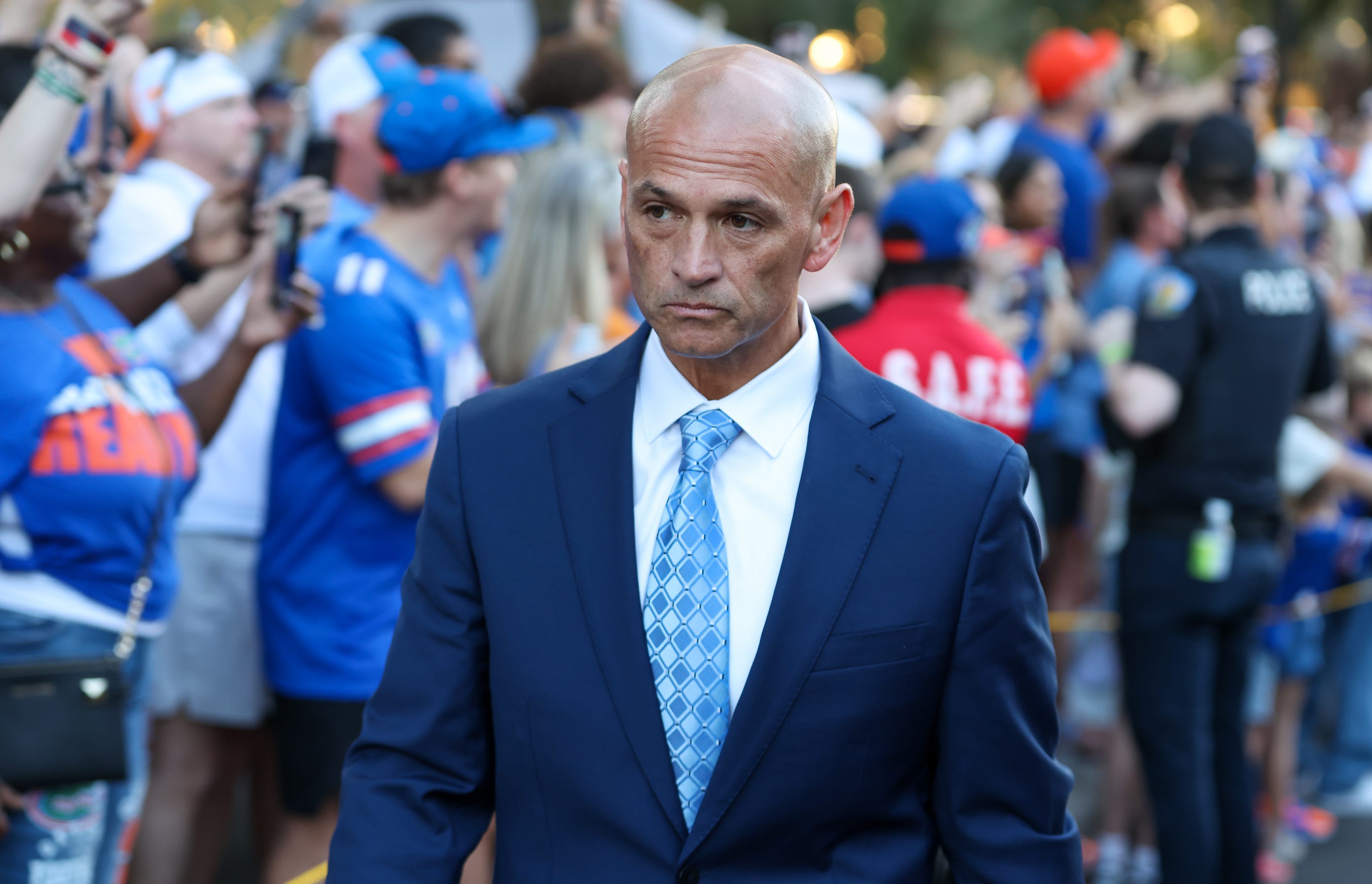 Florida Interim Head Coach Billy Gonzales walk by the fans during Gator walk before an NCAA football game against Tennessee at Steve Spurrier Field at Ben Hill Griffin Stadium in Gainesville, FL on Saturday, November 22, 2025. Alan Youngblood/Gainesville Sun