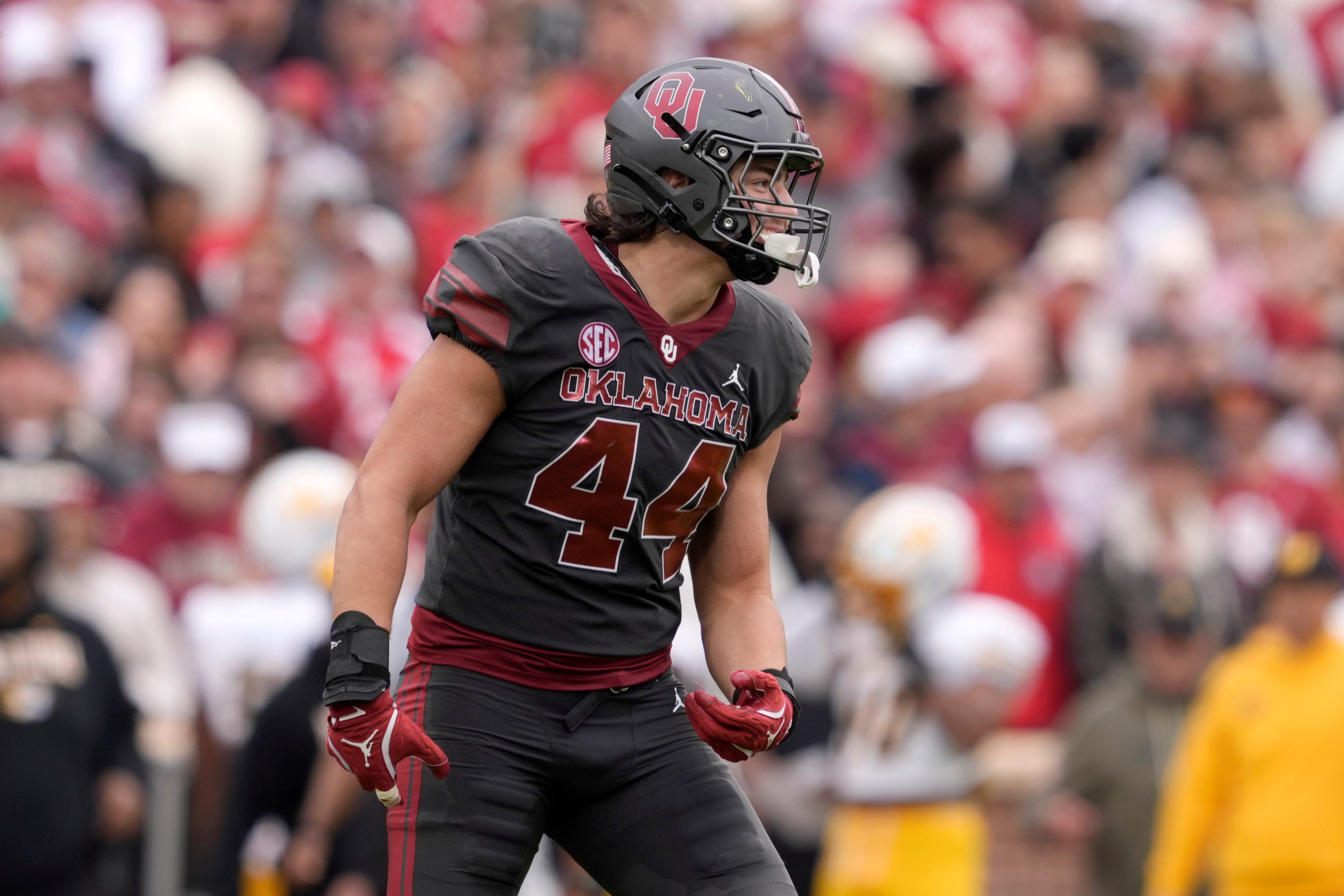 Oklahoma Sooners defensive lineman Taylor Wein (44) celebrates a tackle during a college football game between the University of Oklahoma Sooners (OU) and the Missouri Tigers at Gaylord Family Ð Oklahoma Memorial Stadium in Norman, Okla., on Saturday, Nov. 22, 2025. Oklahoma won 17-6.
