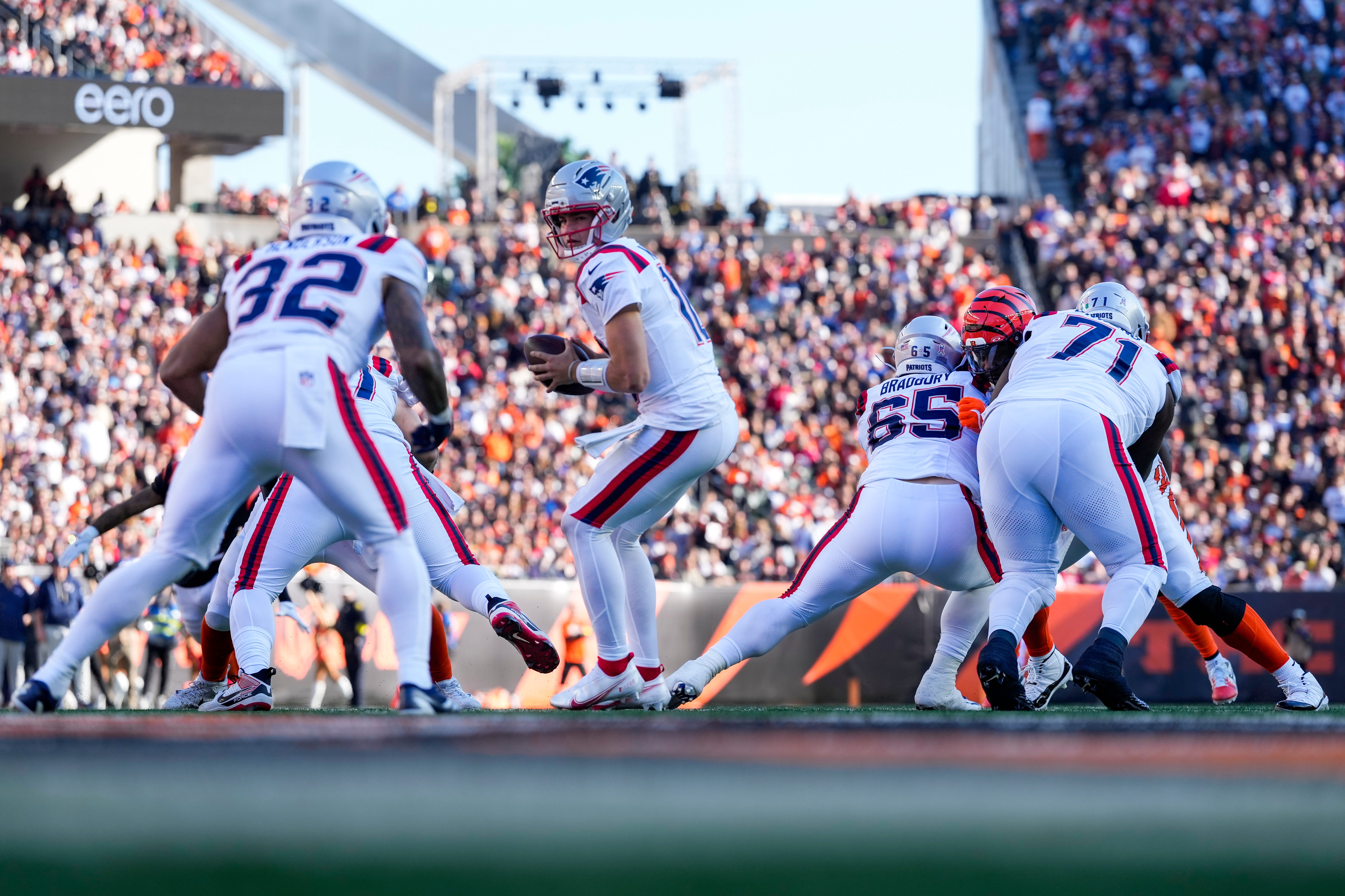New England Patriots quarterback Drake Maye (10) drops back with the ball in the second quarter of the NFL Week 12 game between the Cincinnati Bengals and the New England Patriots at Paycor Stadium in downtown Cincinnati on Sunday, Nov. 23, 2025.