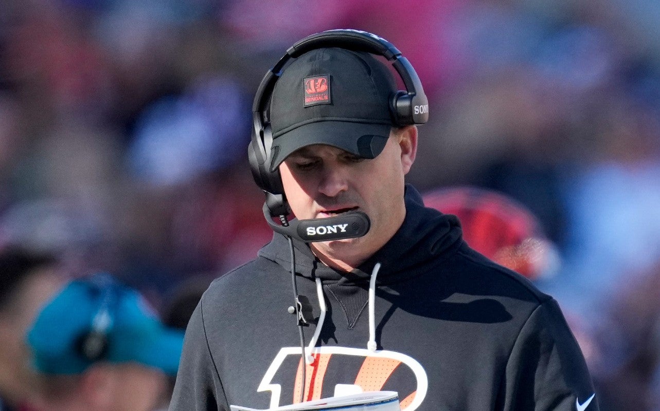 Cincinnati Bengals head coach Zac Taylor walks the sideline in the first quarter of the NFL Week 12 game between the Cincinnati Bengals and the New England Patriots at Paycor Stadium in downtown Cincinnati on Sunday, Nov. 23, 2025.