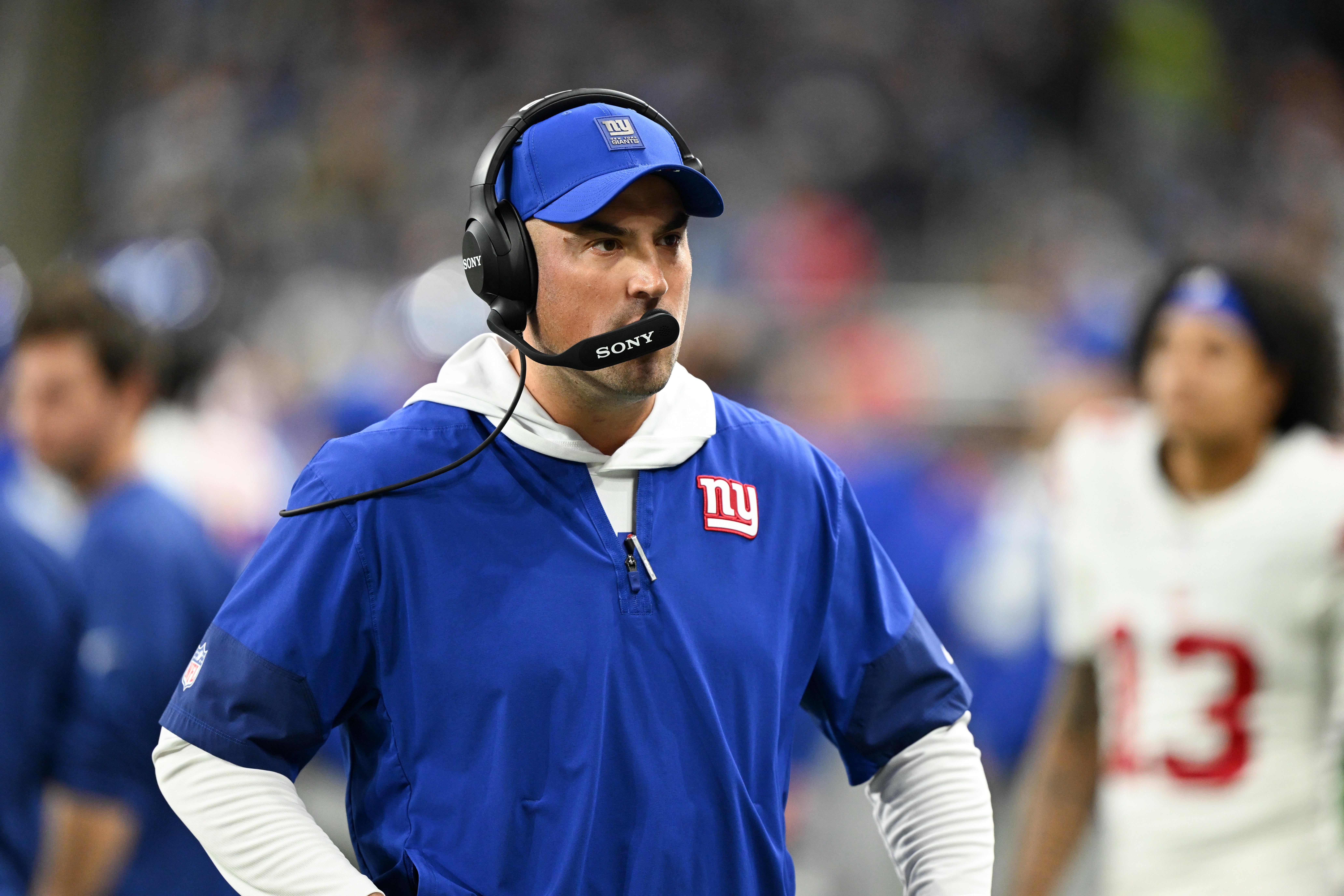 Nov 23, 2025; Detroit, Michigan, USA; New York Giants interim head coach Mike Kafka looks on during the third quarter against the Detroit Lions at Ford Field.