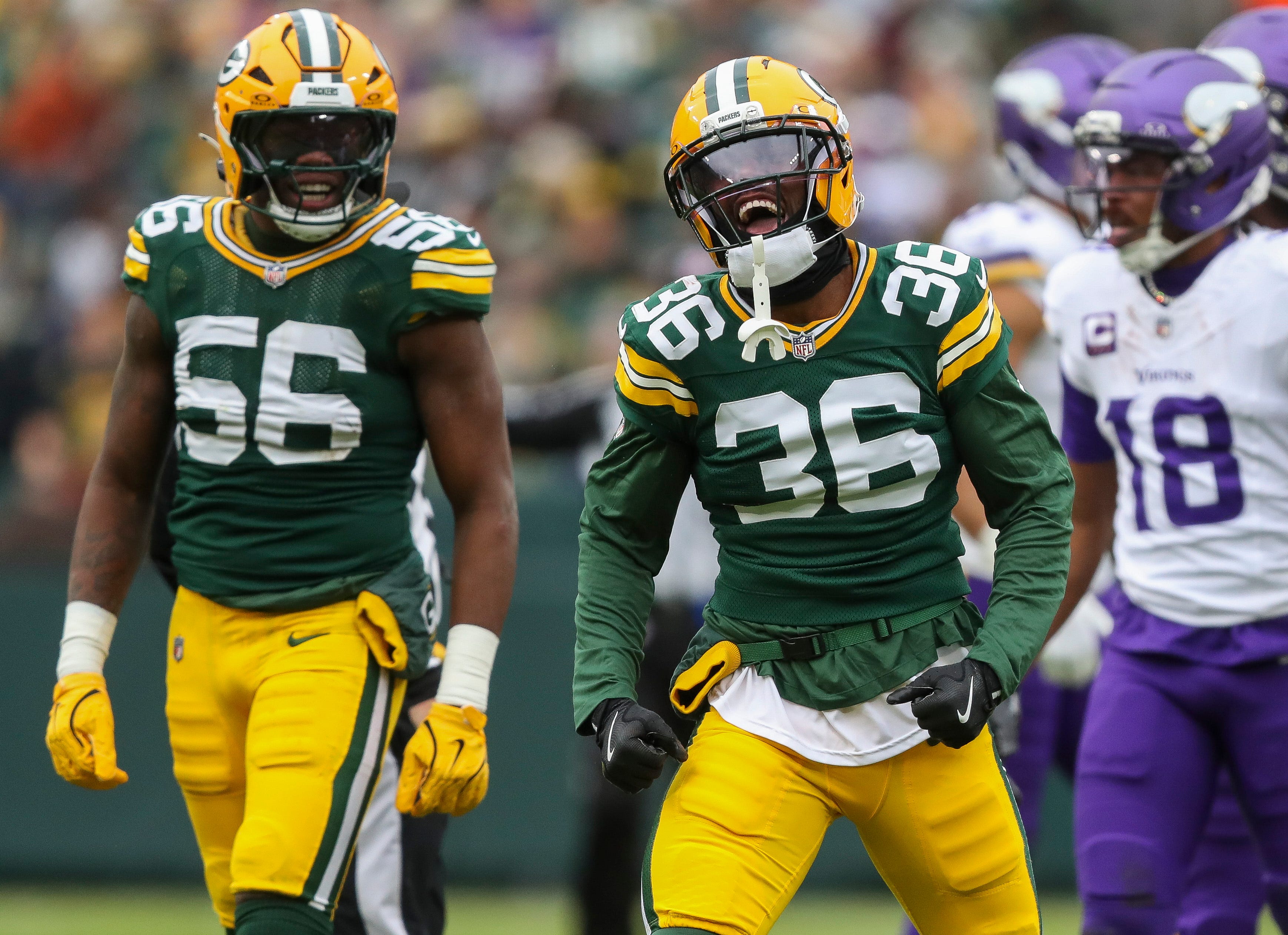Green Bay Packers cornerback Kamal Hadden (36) celebrates after making a tackle against the Minnesota Vikings on Sunday, November 23, 2025, at Lambeau Field in Green Bay, Wis.