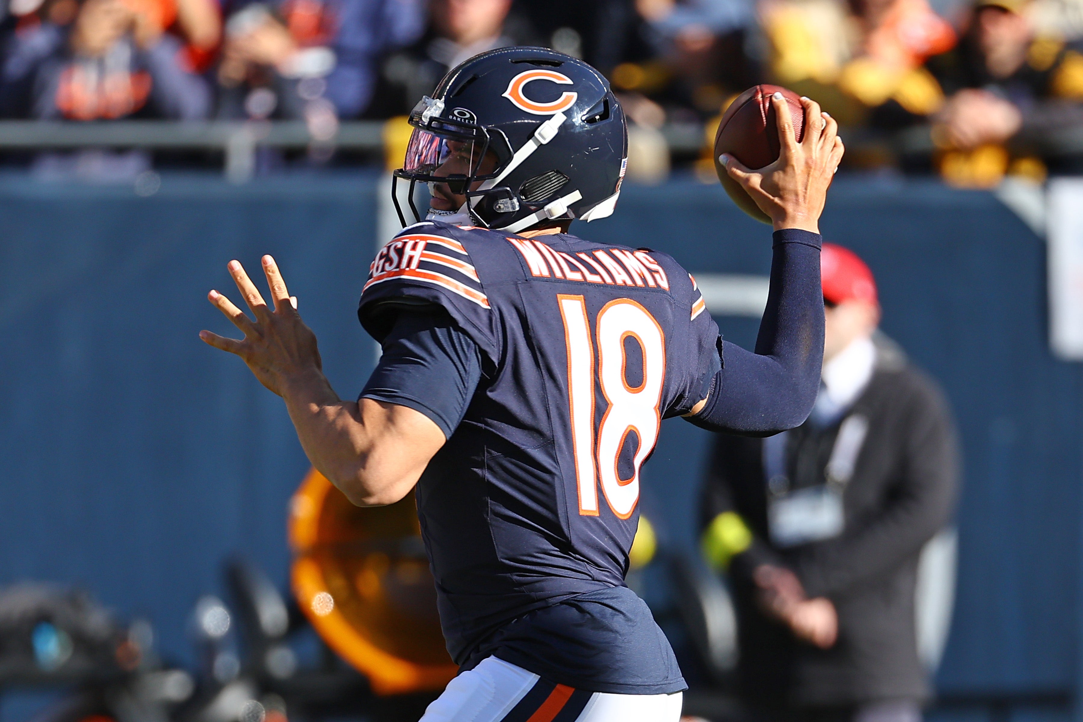 Nov 23, 2025; Chicago, Illinois, USA; Chicago Bears quarterback Caleb Williams (18) drops back to pass against the Pittsburgh Steelers during the second half at Soldier Field.