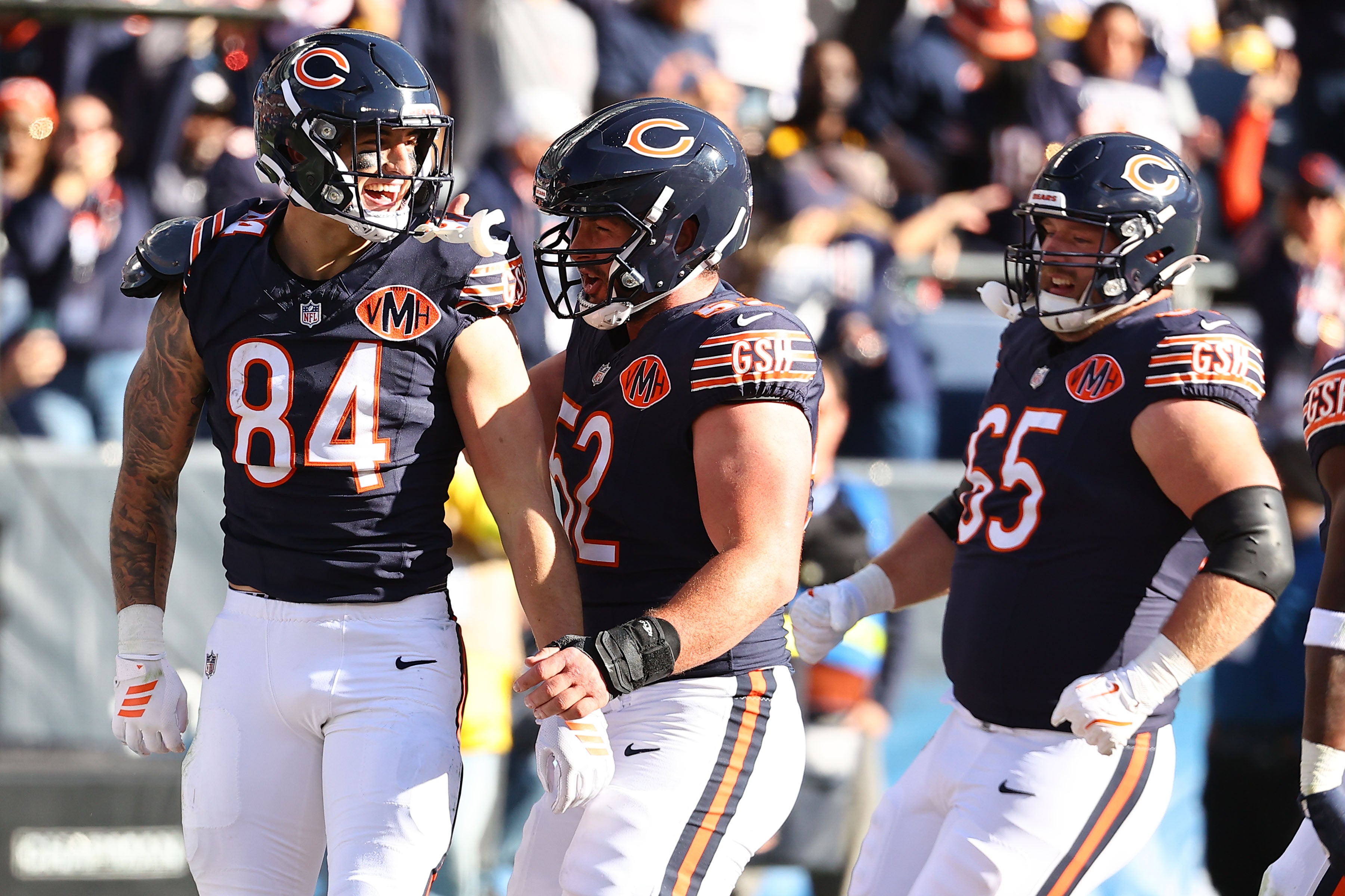 Nov 23, 2025; Chicago, Illinois, USA; Chicago Bears tight end Colston Loveland (84) reacts after scoring a touchdown against the Pittsburgh Steelers during the second half at Soldier Field.