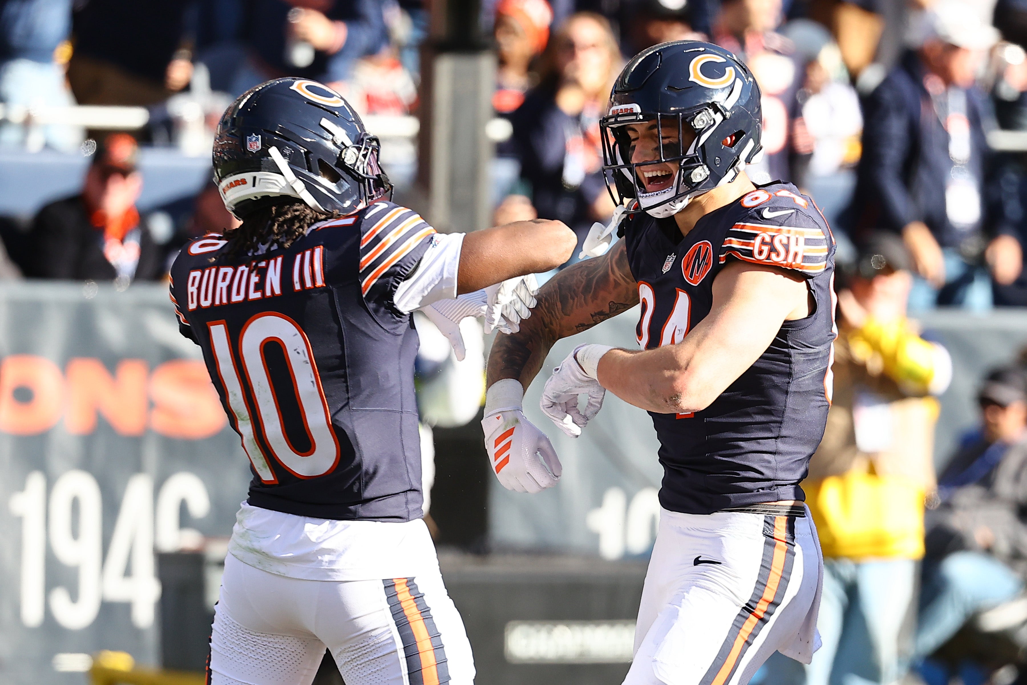 Nov 23, 2025; Chicago, Illinois, USA; Chicago Bears tight end Colston Loveland (84) reacts after scoring a touchdown against the Pittsburgh Steelers during the second half at Soldier Field.