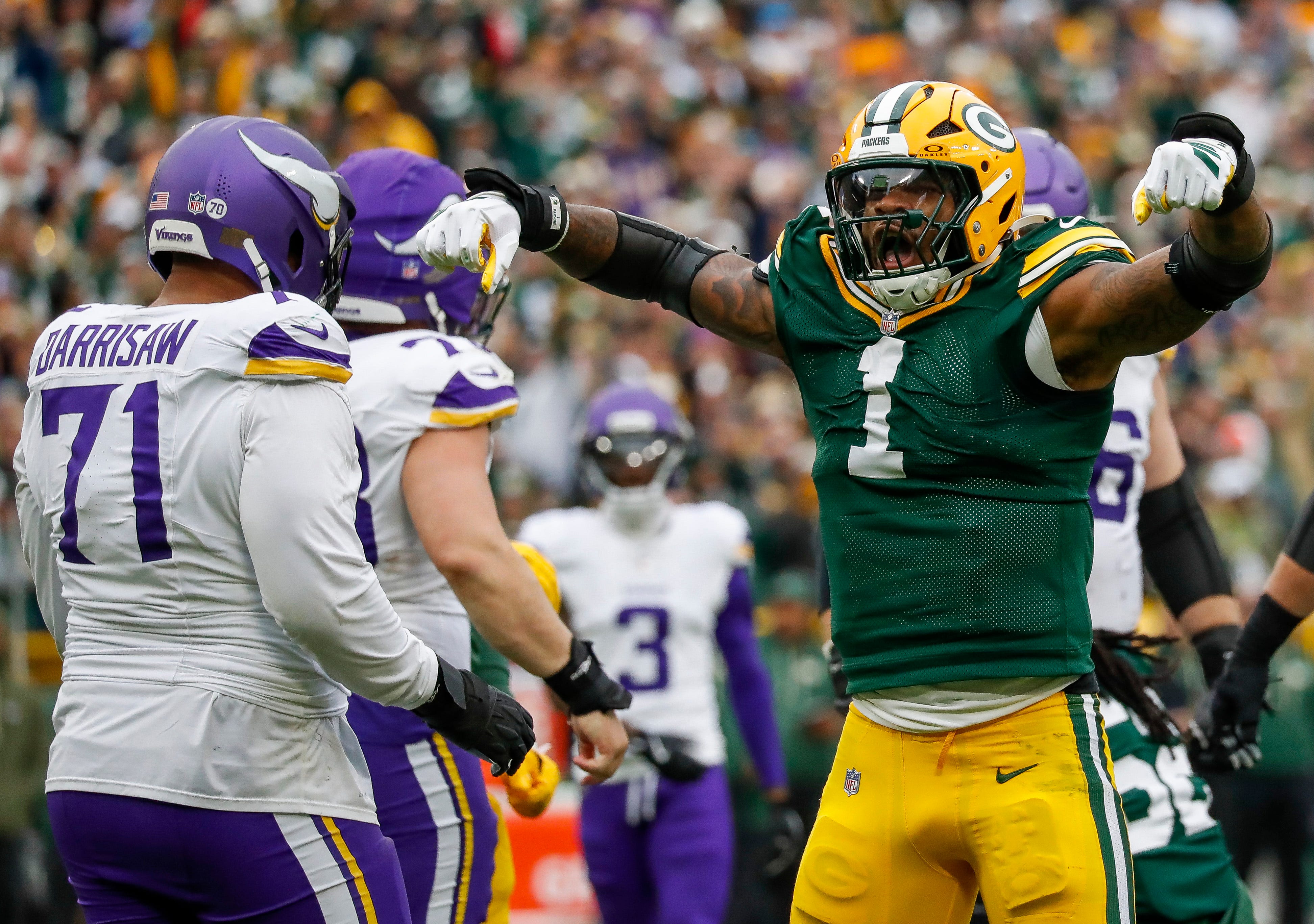 Green Bay Packers defensive end Micah Parsons (1) celebrates after sacking Minnesota Vikings quarterback J.J. McCarthy (9) on Sunday, November 23, 2025, at Lambeau Field in Green Bay, Wis. The Packers won the game, 23-6.