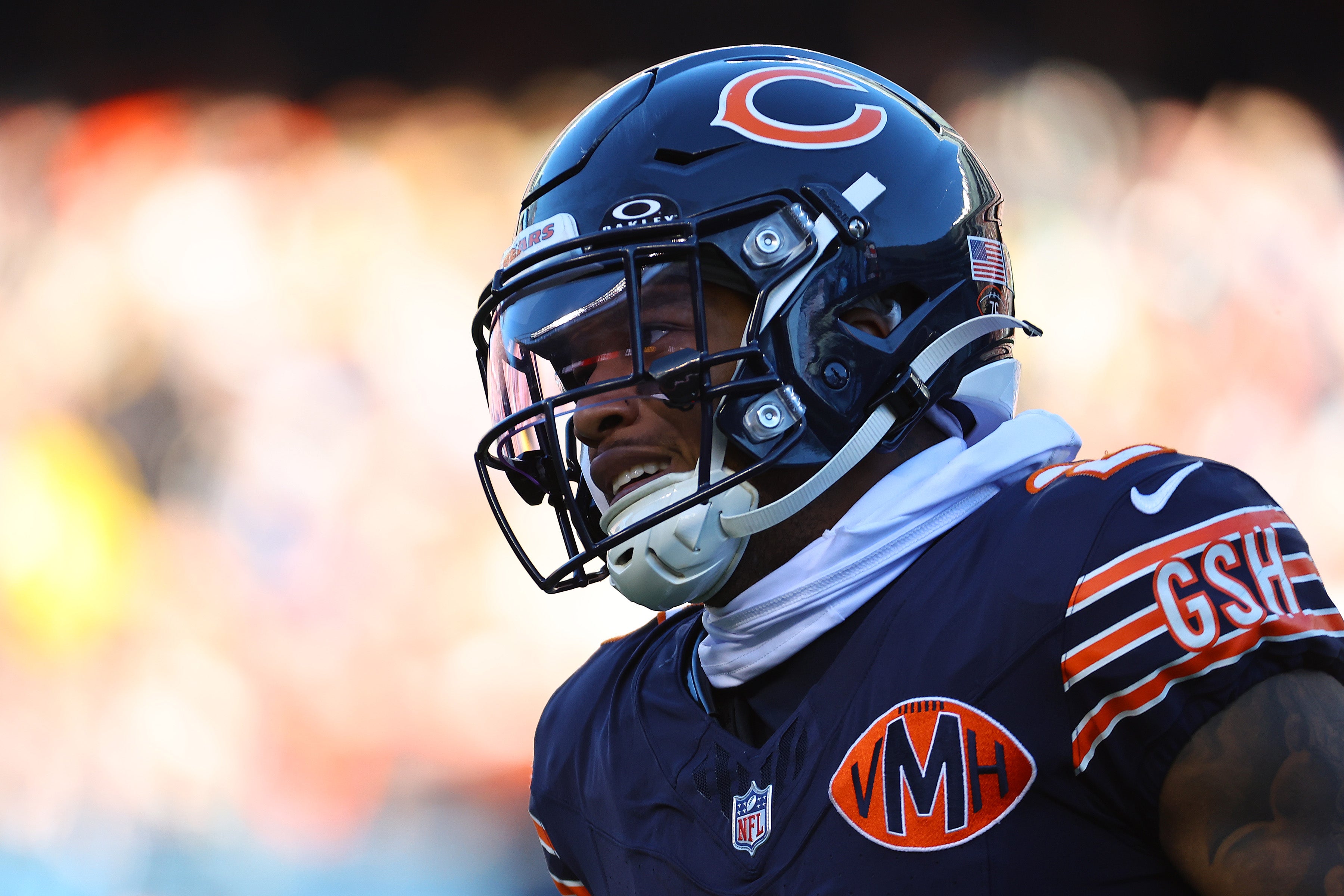 Nov 23, 2025; Chicago, Illinois, USA; Chicago Bears wide receiver DJ Moore (2) reacts during the second half at Soldier Field.