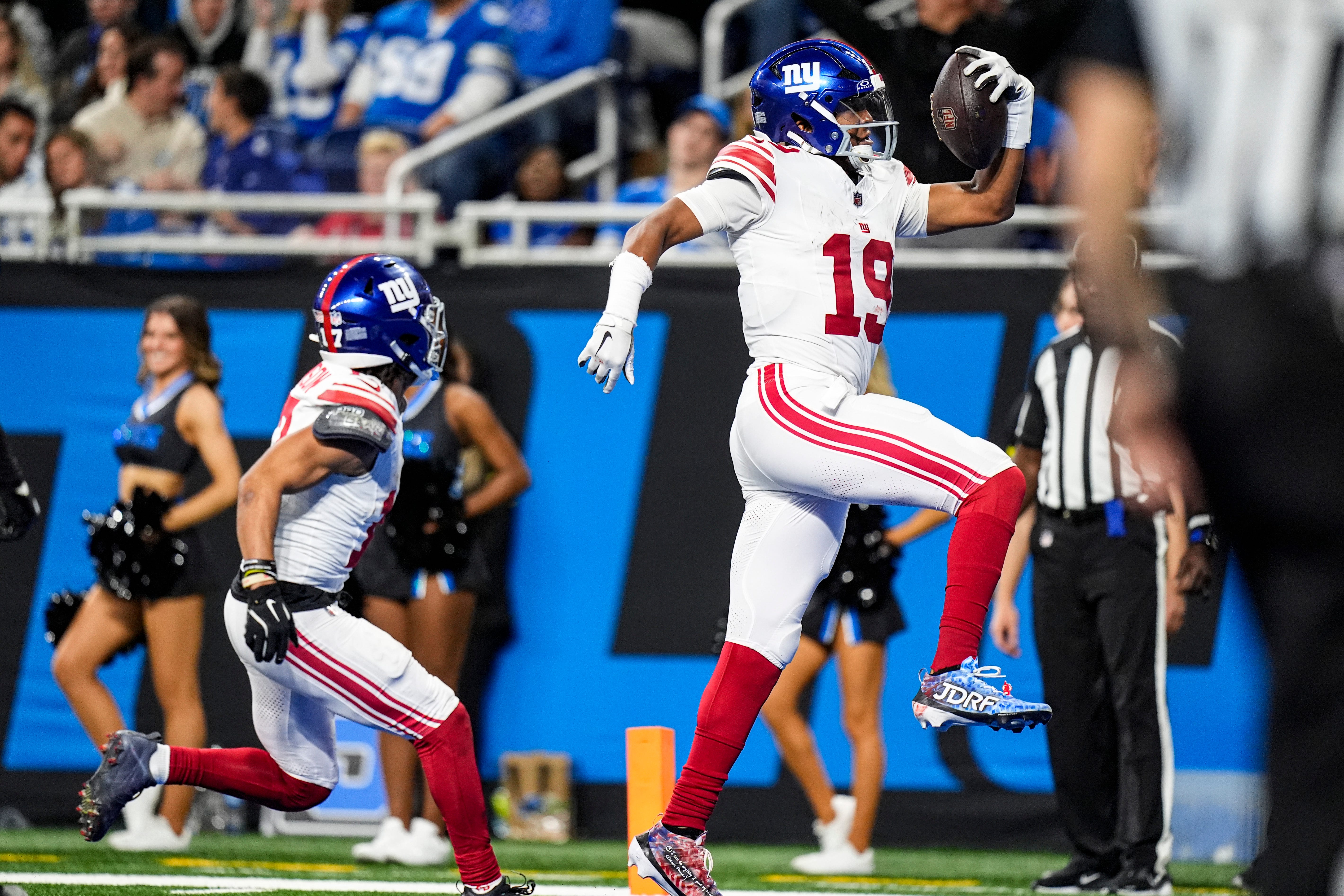 New York Giants quarterback Jameis Winston (19) celebrates a touchdown against Detroit Lions during the second half at Ford Field in Detroit on Sunday, Nov. 23, 2025.