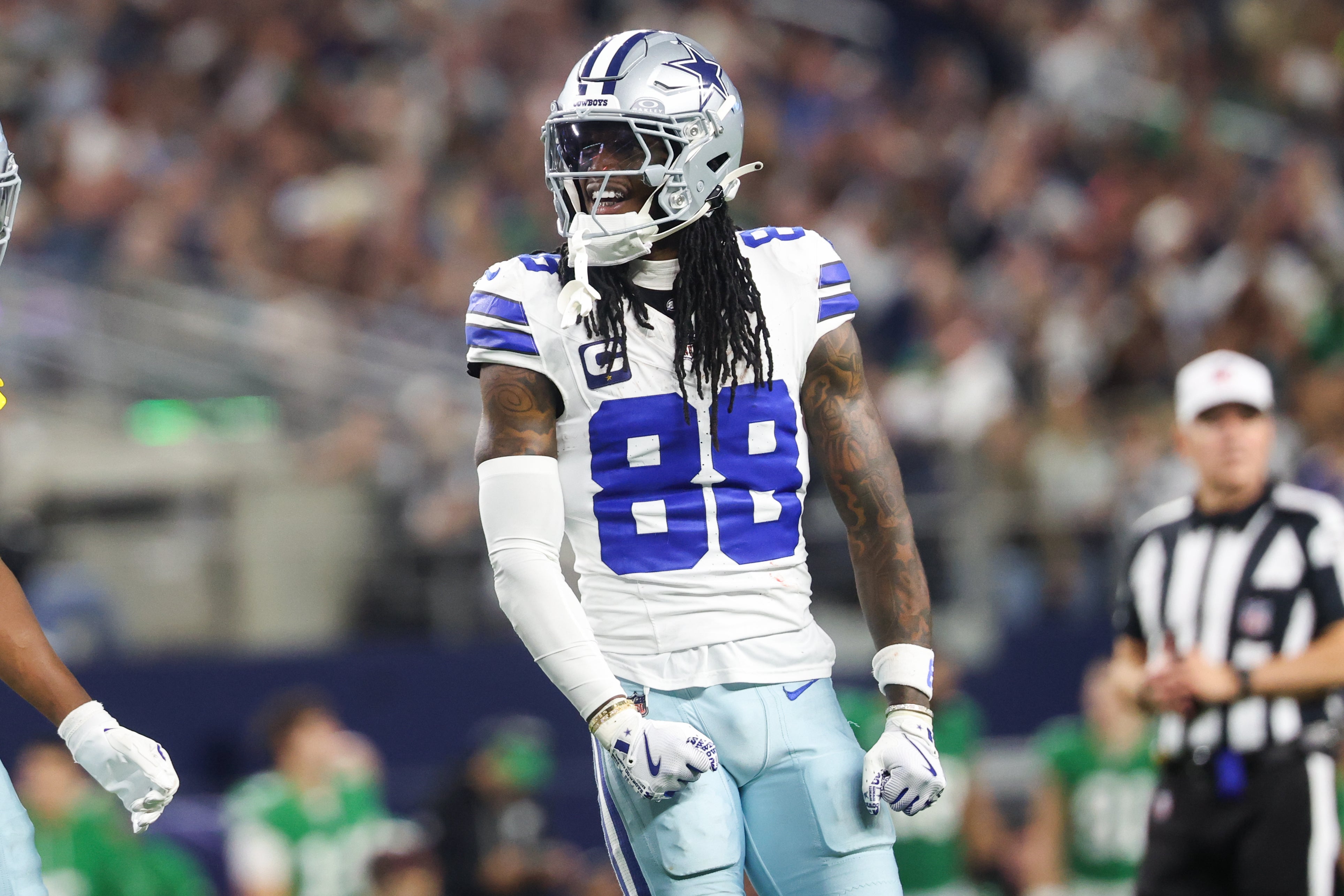 Nov 23, 2025; Arlington, Texas, USA; Dallas Cowboys wide receiver CeeDee Lamb (88) reacts after a catch in the third quarter against Philadelphia Eagles at AT&T Stadium.