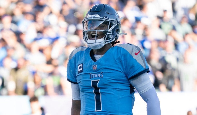 Tennessee quarterback Cam Ward (1) celebrates his diving touchdown against Seattle during their game at Nissan Stadium Sunday, Nov. 23, 2025.