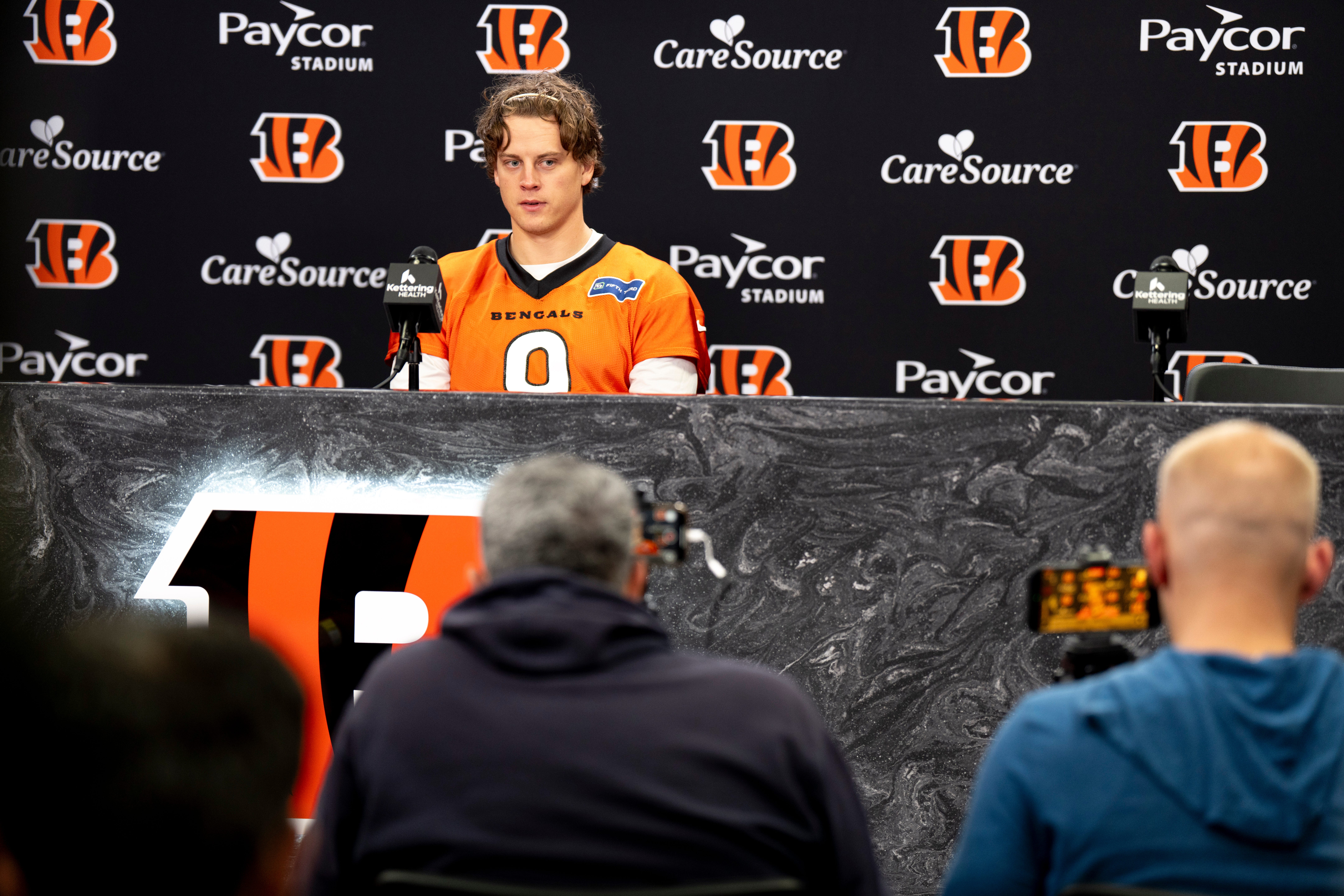 Cincinnati Bengals quarterback Joe Burrow speaks at a press conference at Paycor Stadium in Cincinnati on Nov. 25, 2025.