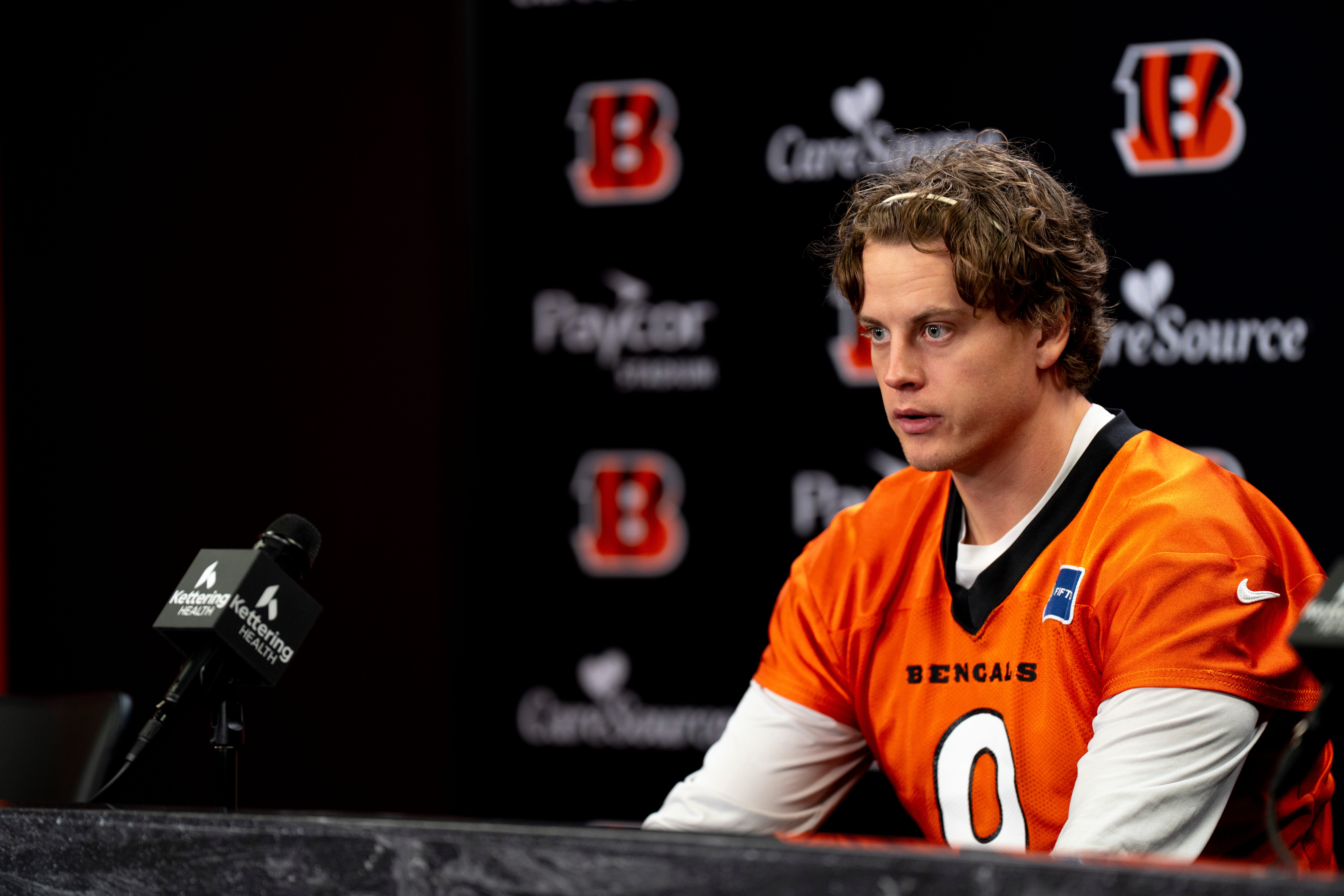 Cincinnati Bengals quarterback Joe Burrow speaks at a press conference at Paycor Stadium in Cincinnati on Nov. 25, 2025.