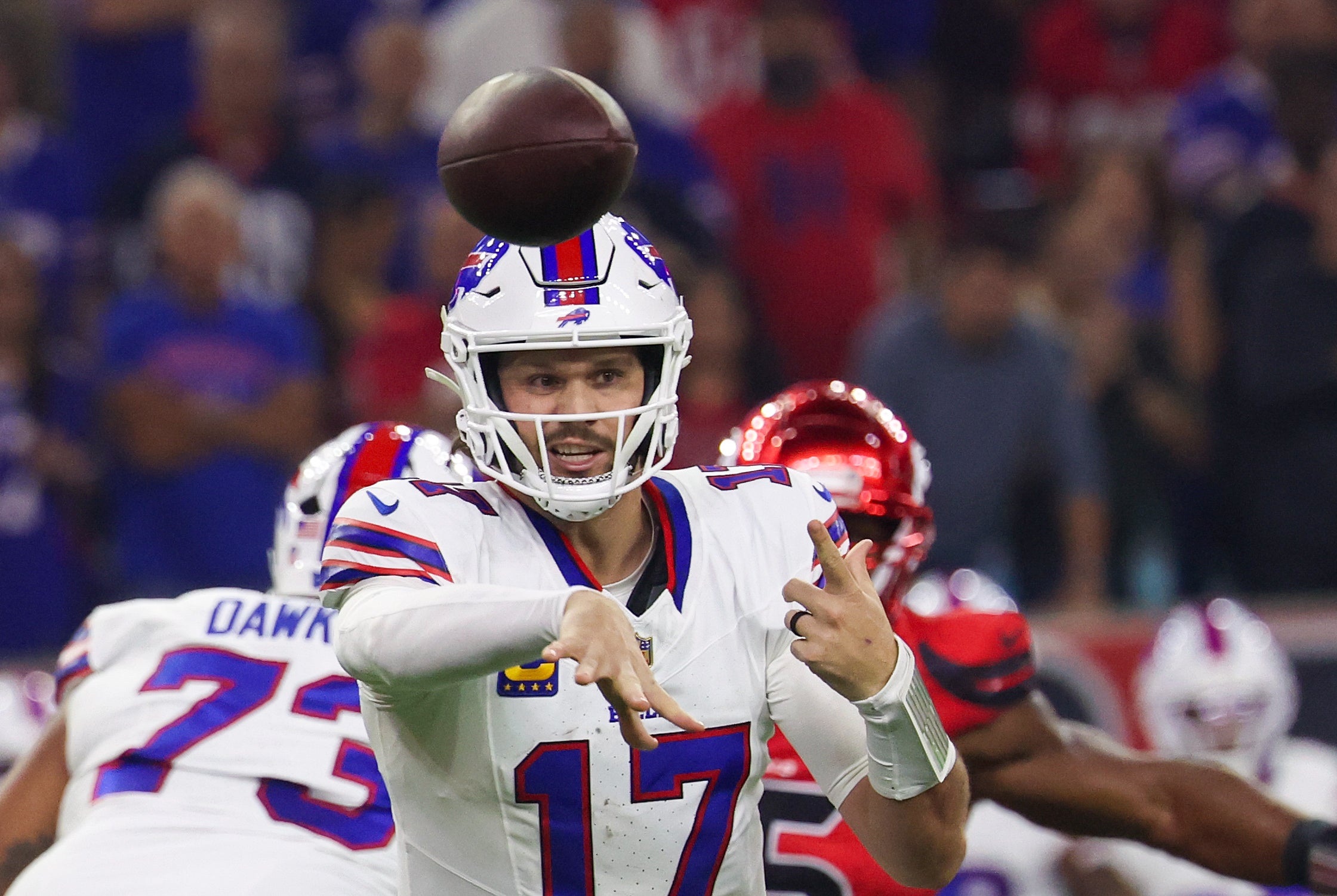 Nov 20, 2025; Houston, Texas, USA; Buffalo Bills quarterback Josh Allen (17) passes against the Houston Texans in the first quarter at NRG Stadium.